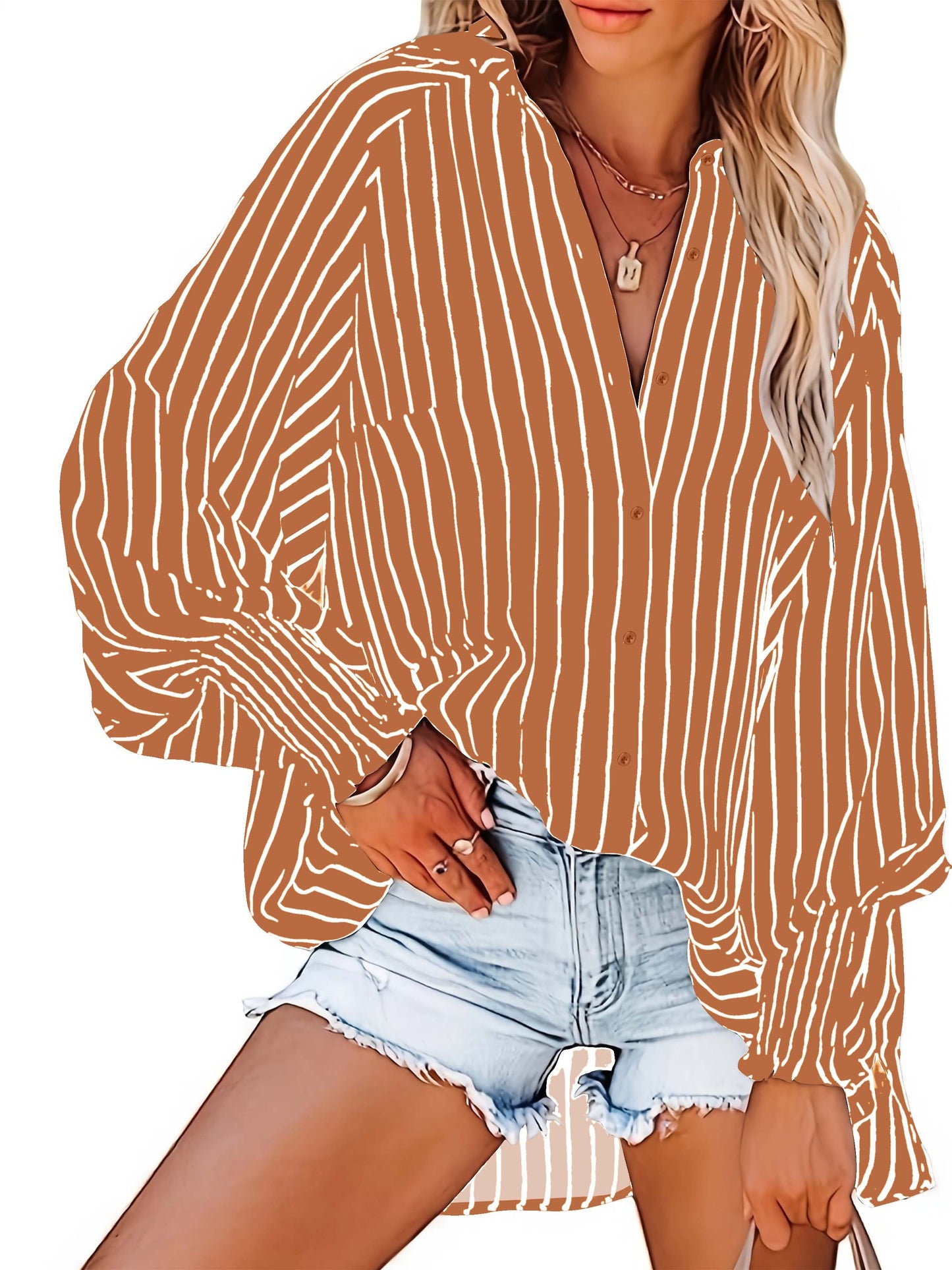 Sixsr Plus Size Casual Blouse, Women's Plus Striped Print Lantern Sleeve Button Up Lapel Collar Slight Stretch Tunic Shirt Top
