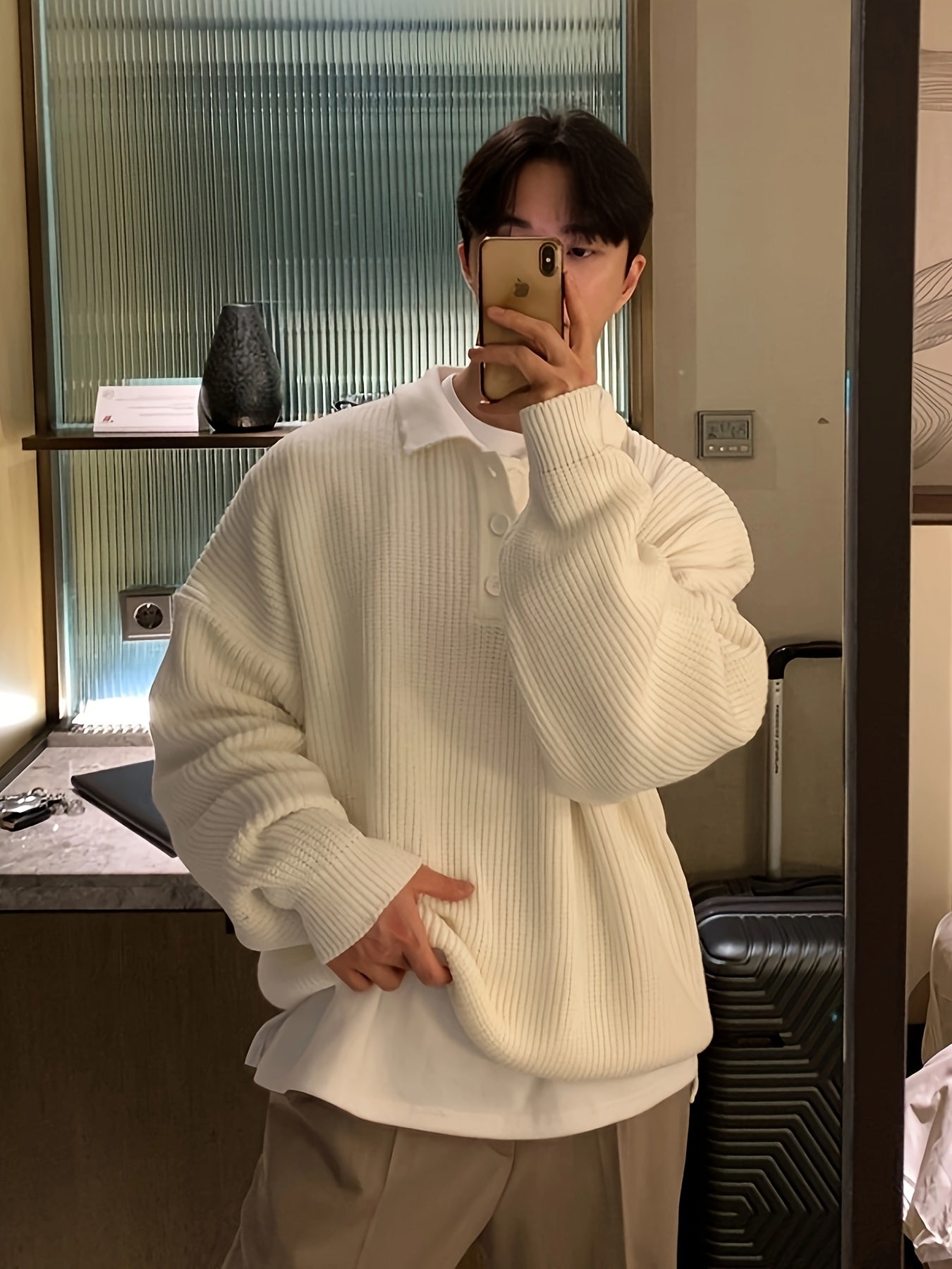 Sixsr Men's Stylish Loose Solid Knitted Sweater, Casual Breathable Long Sleeve Lapel Button Up Top For City Walk Street Hanging Outdoor Activities