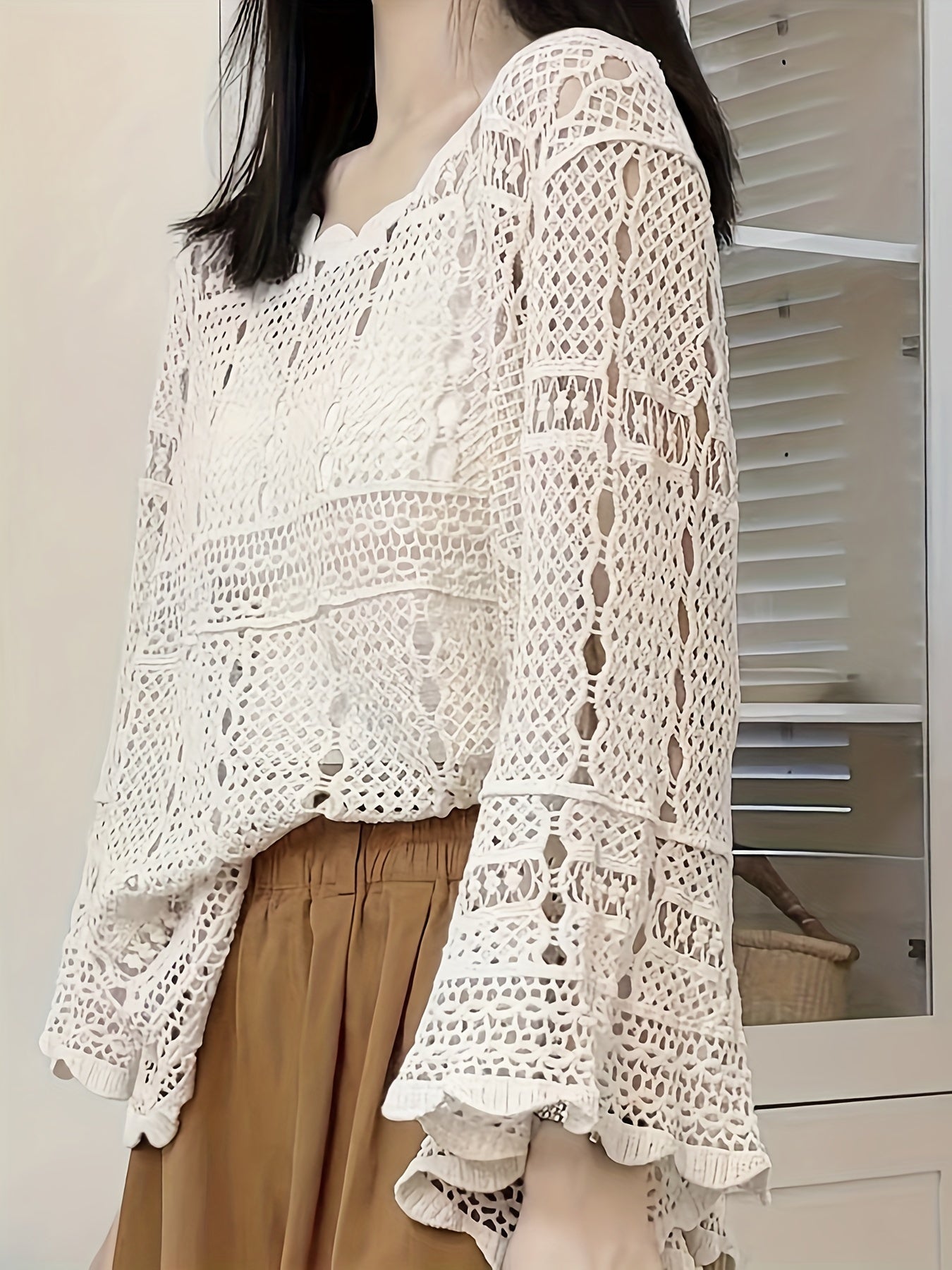 Sixsr Solid Hollow Crew Neck Pullover Top, Casual Long Sleeve Scallop Trim Versatile Stylish Sweater, Women's Clothing