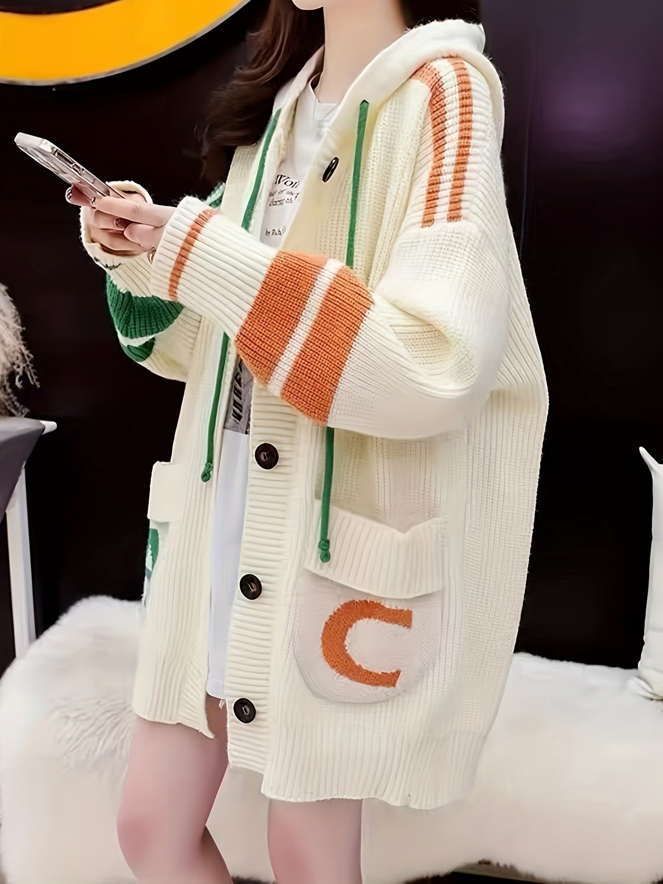 Color Block Knit Drawstring Hooded Cardigan, Casual Long Sleeve Loose Outwear With Pocket, Women's Clothing