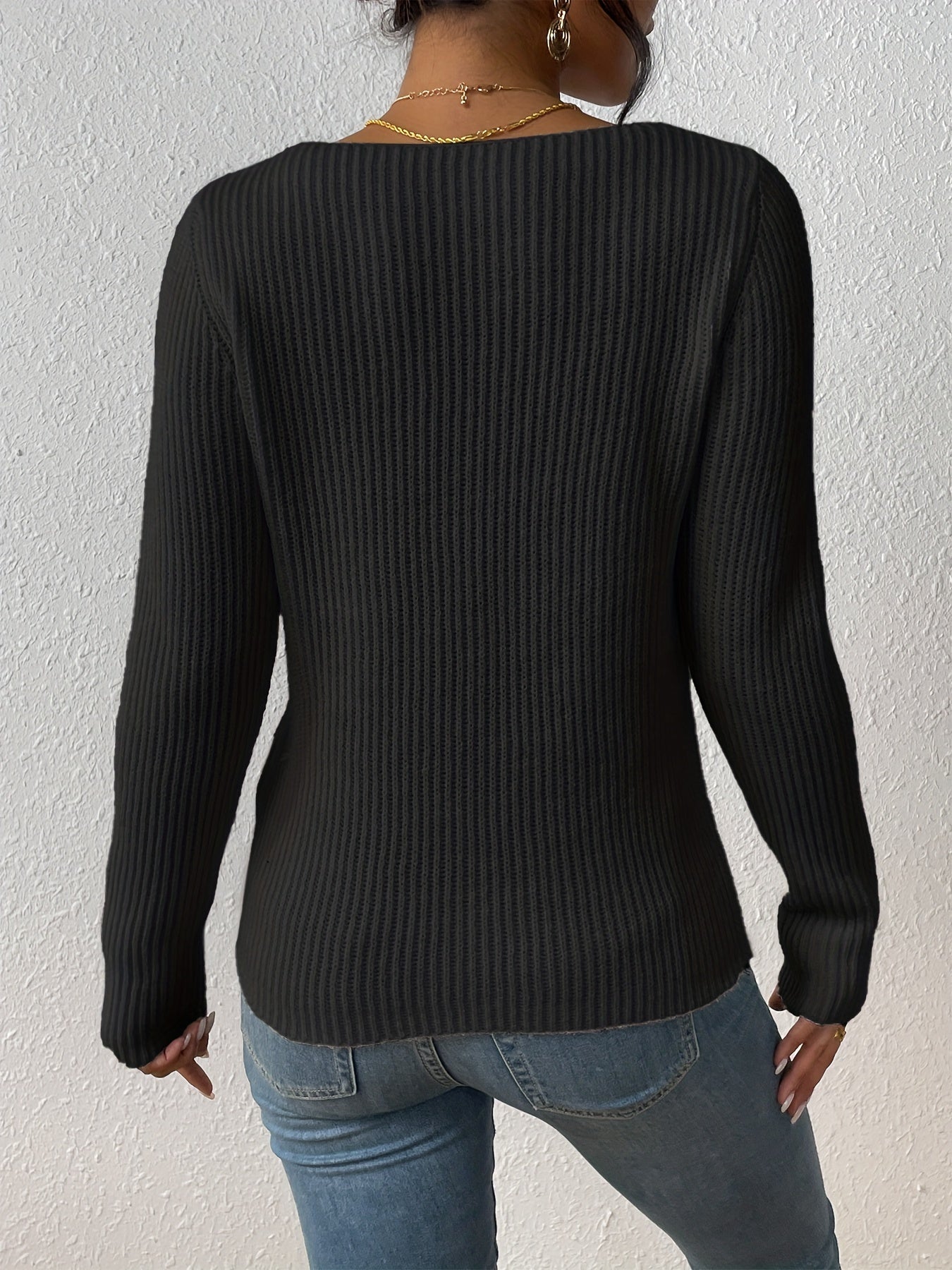 Sixsr Solid Rib Knit Sweater, Casual Long Sleeve V Neck Slim Sweater, Women's Clothing