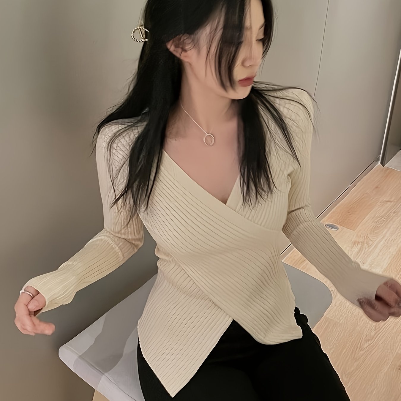 Sixsr Solid Cross Front Knitted Top, Casual Long Sleeve V Neck Slim Sweater, Women's Clothing