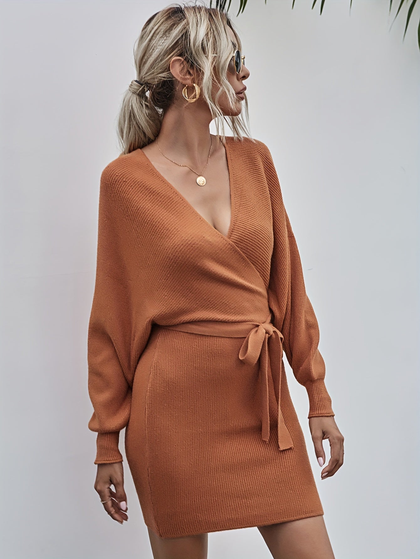 Sixsr Solid Ribbed Surplice Neck Dress, Casual Long Sleeve Belted Bodycon Dress, Women's Clothing