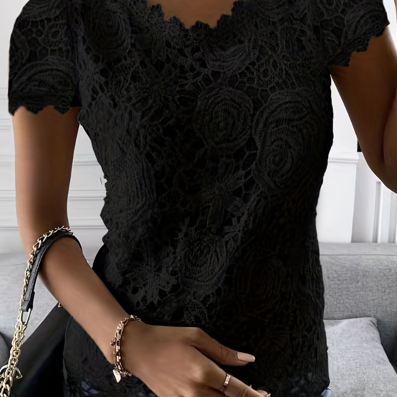 Sixsr Lace Crew Neck T-Shirt, Elegant Short Sleeve T-Shirt For Spring & Summer, Women's Clothing