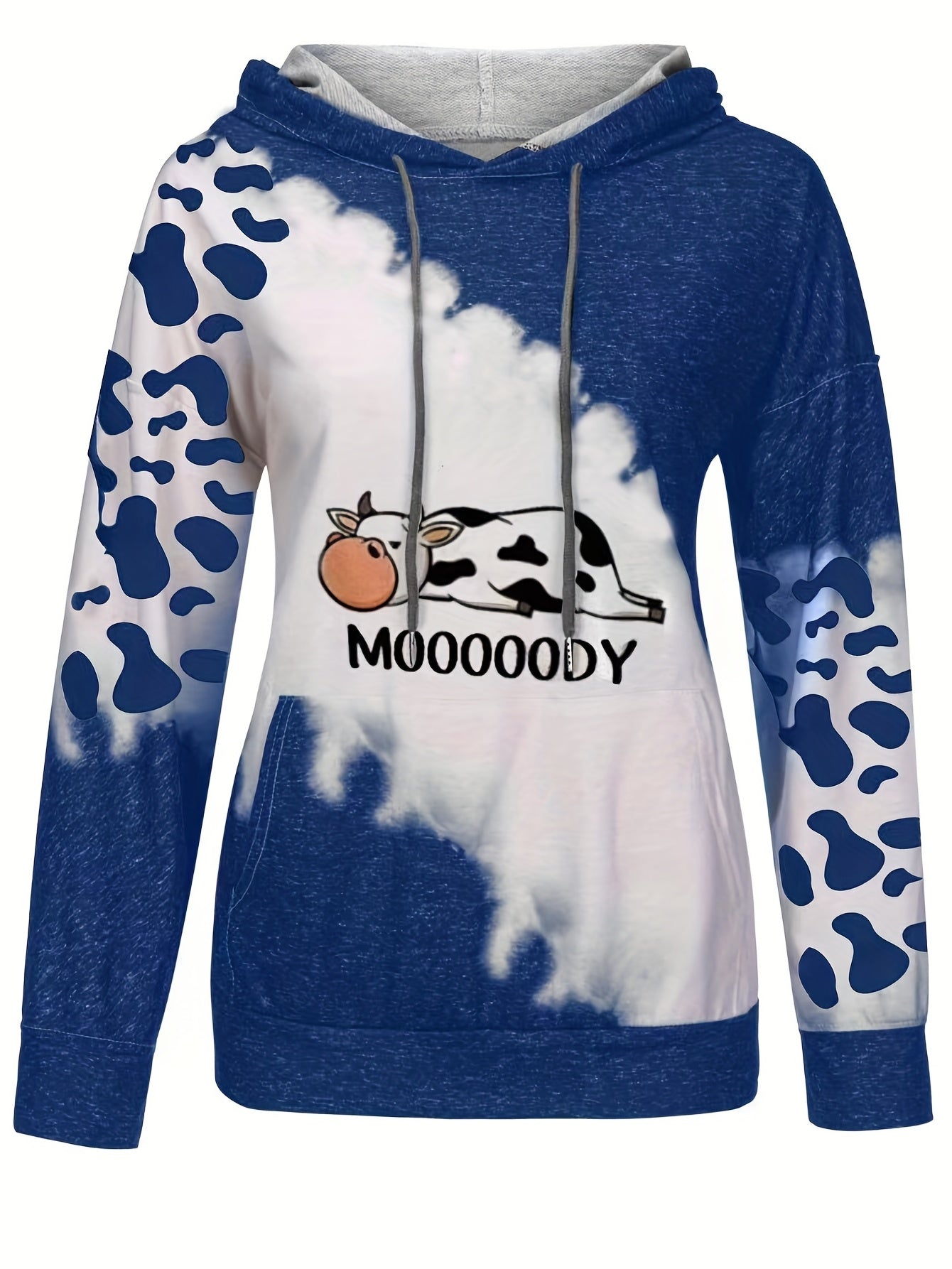 Sixsr Cow & Letter Print Hoodies, Casual Drawstring Kangaroo Pocket Sweatshirt, Women's Clothing