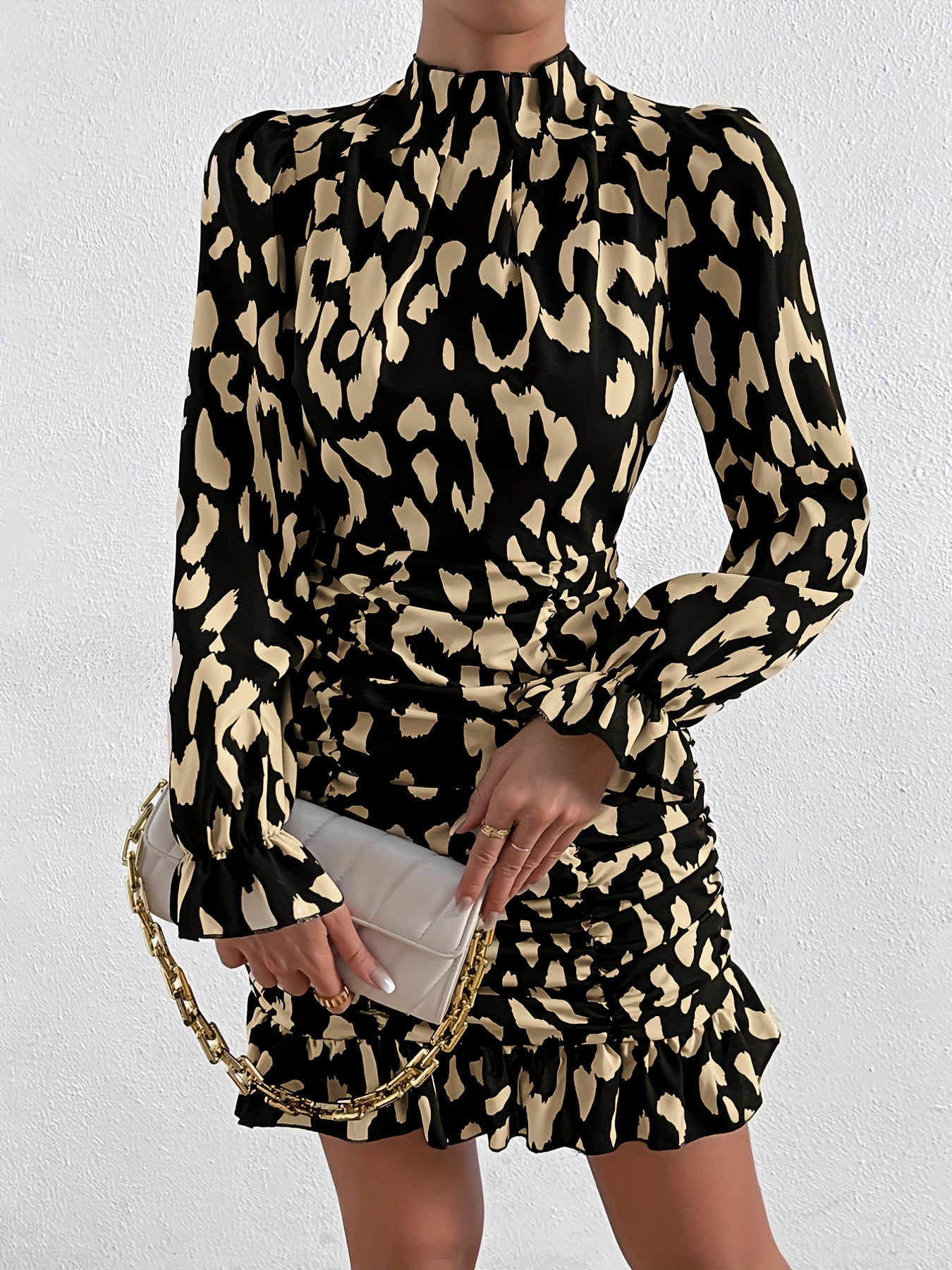 Sixsr Floral Print Ruched Ruffle Hem Dress, Street Long Sleeve Mock Neck Waist Bodycon Dresses, Women's Clothing