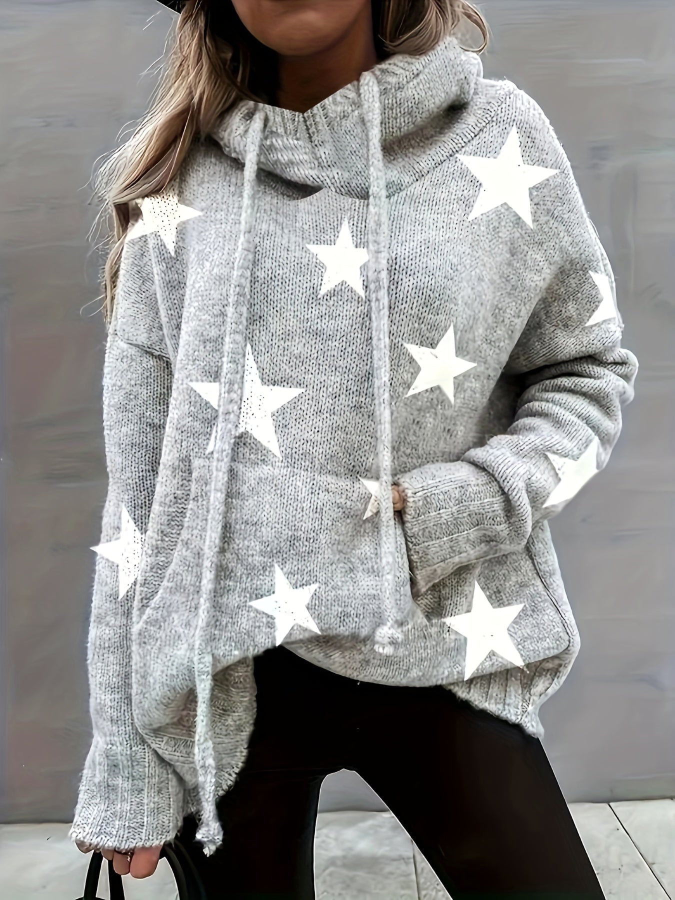 Sixsr Plus Size Casual Sweater, Women's Plus Star Print Long Sleeve Drawstring Hoodie Sweater With Pockets