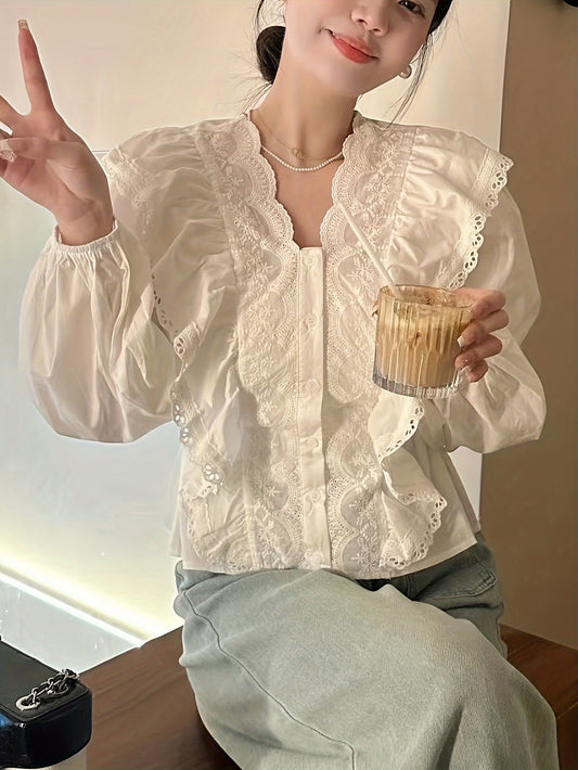 Sixsr Contrast Lace Button Front Blouse, Ruffle Trim Lantern Sleeve Blouse For Spring & Fall, Women's Clothing