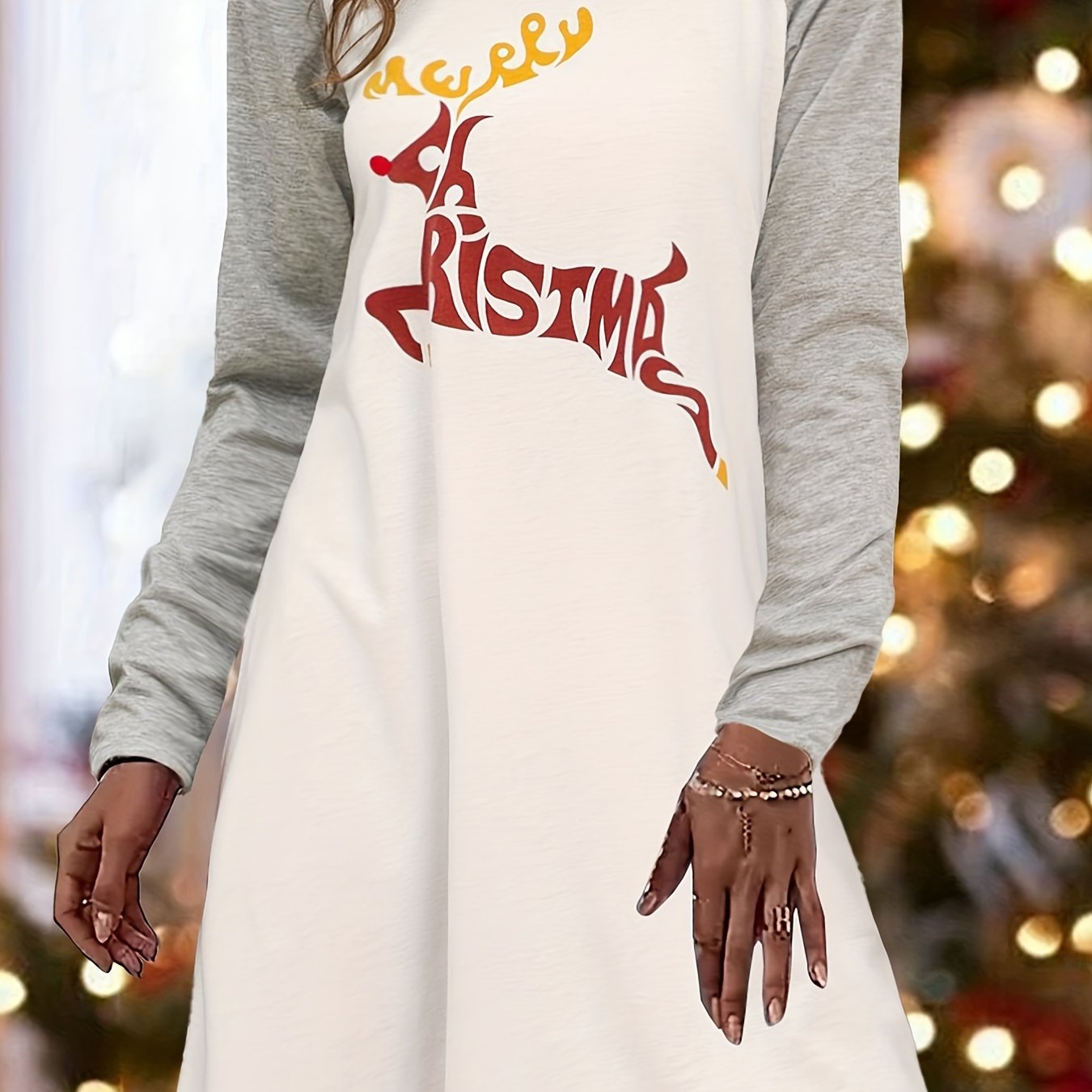 Sixsr Christmas Letter Print Dress, Casual Crew Neck Raglan Sleeve Dress, Women's Clothing