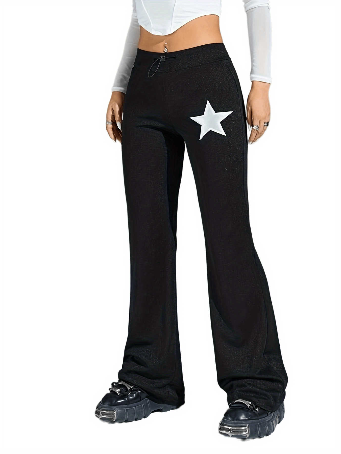 Sixsr Plus Size Casual Pants, Women's Plus Star Print Skinny Medium Stretch Flared Leg Pants