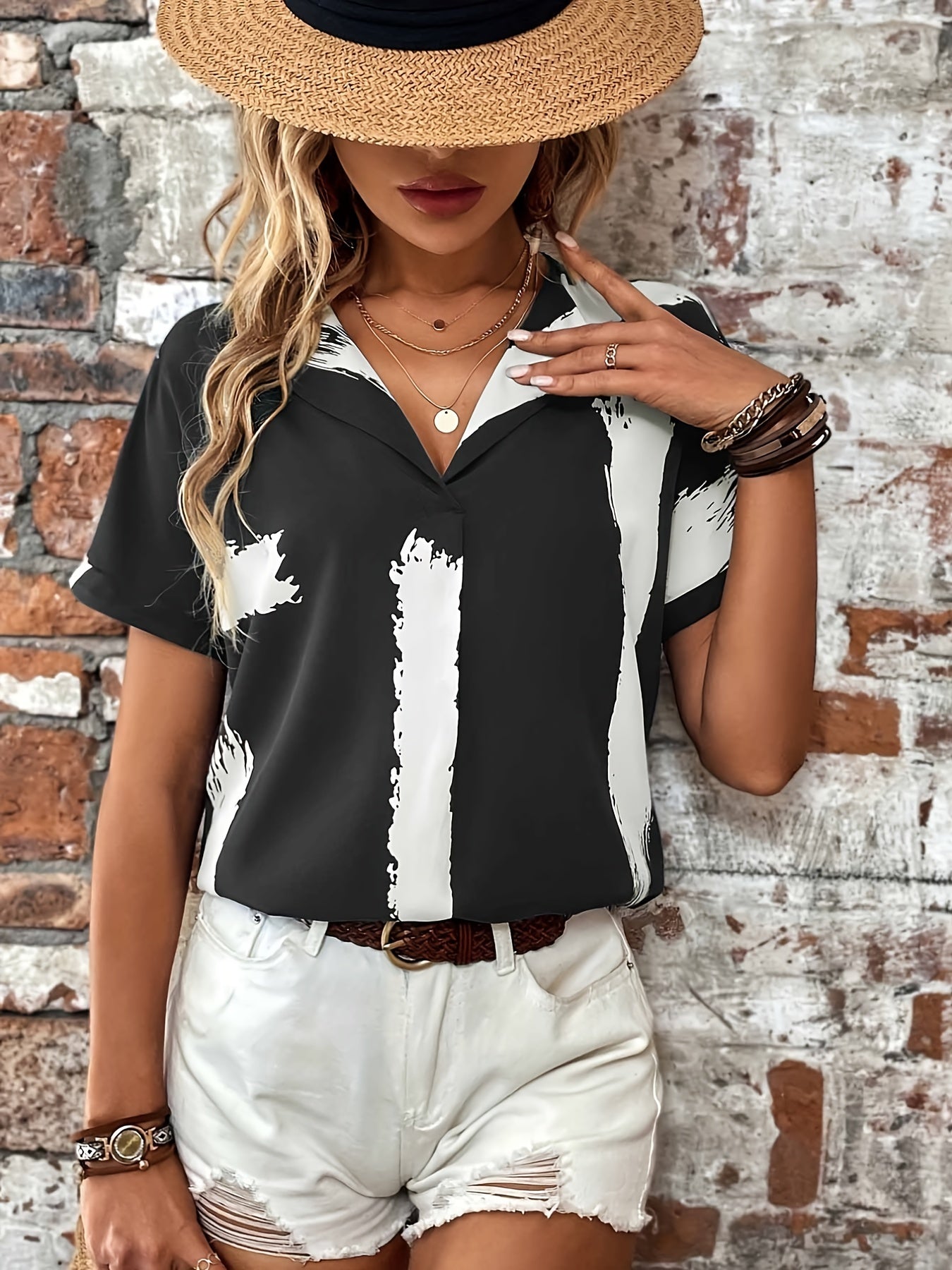 Sixsr Brush Print Loose Blouses, Casual V-neck Batwing Sleeve Shirts Tops, Women's Clothing