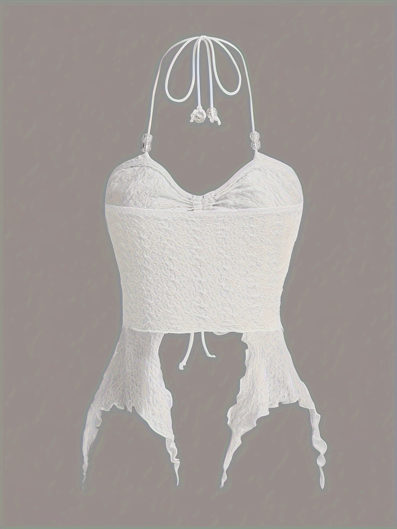 Sixsr Y2K Drawstring Asymmetric Hem Halter Top, Lettuce Trim Bead Detail Top, Women's Clothing