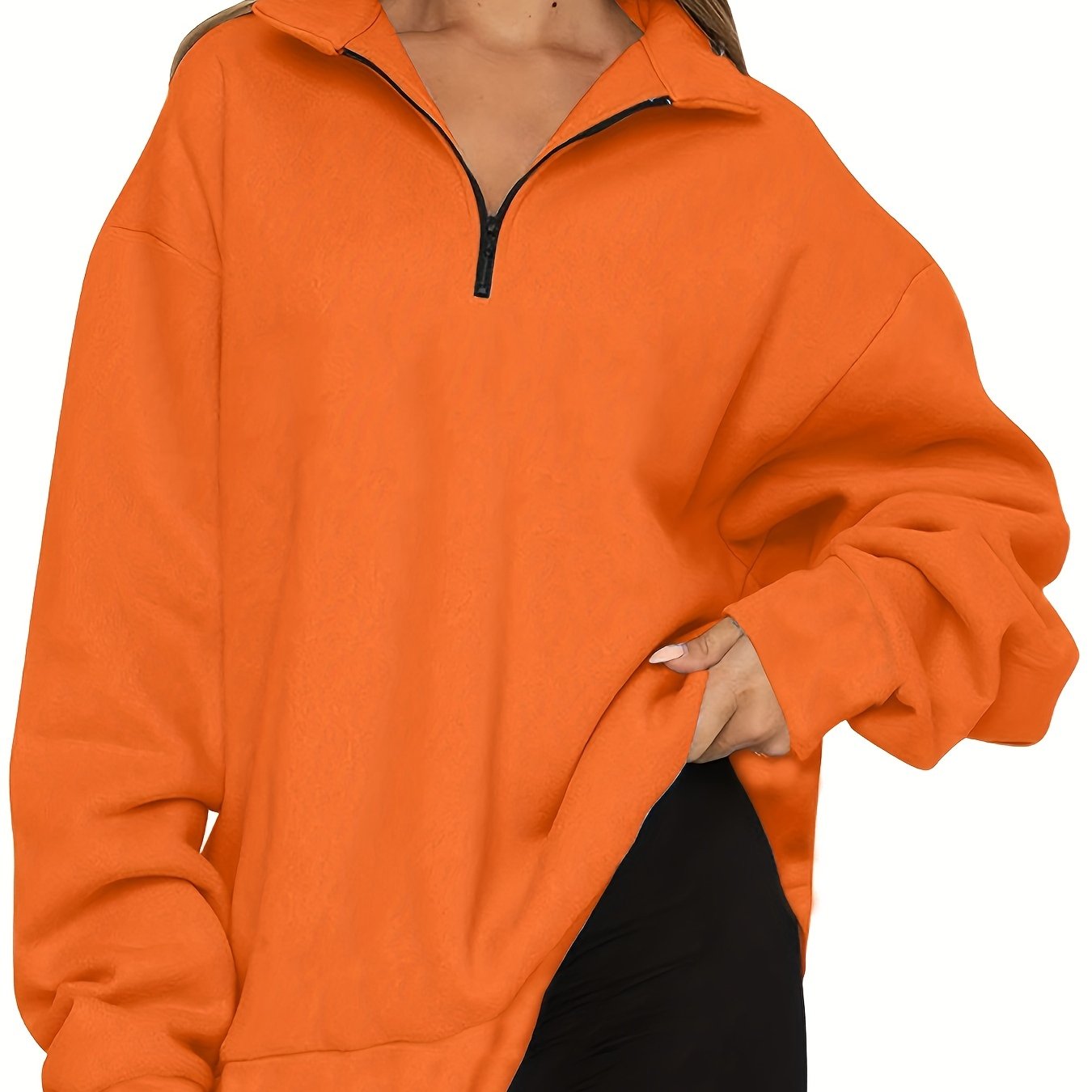 Sixsr Plus Size Casual Sweatshirt, Women's Plus Solid Long Sleeve Zip Up Lapel Collar Pullover Sweatshirt, Casual Tops For Fall & Winter, Women's Clothing