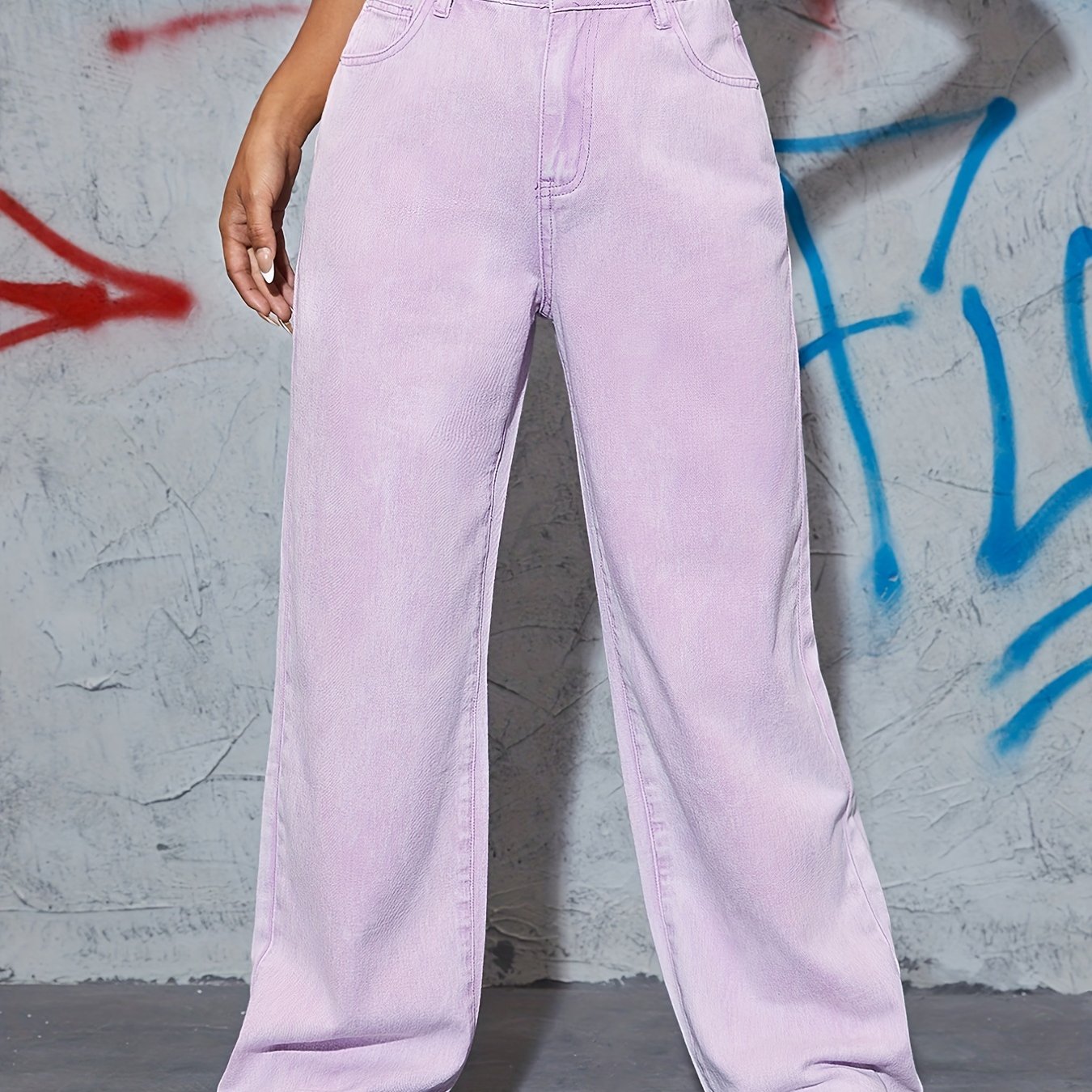 Sixsr Purple Loose Fit Straight Jeans, Slash Pockets Non-Stretch Mid Waist Baggy Denim Pants, Women's Denim Jeans & Clothing
