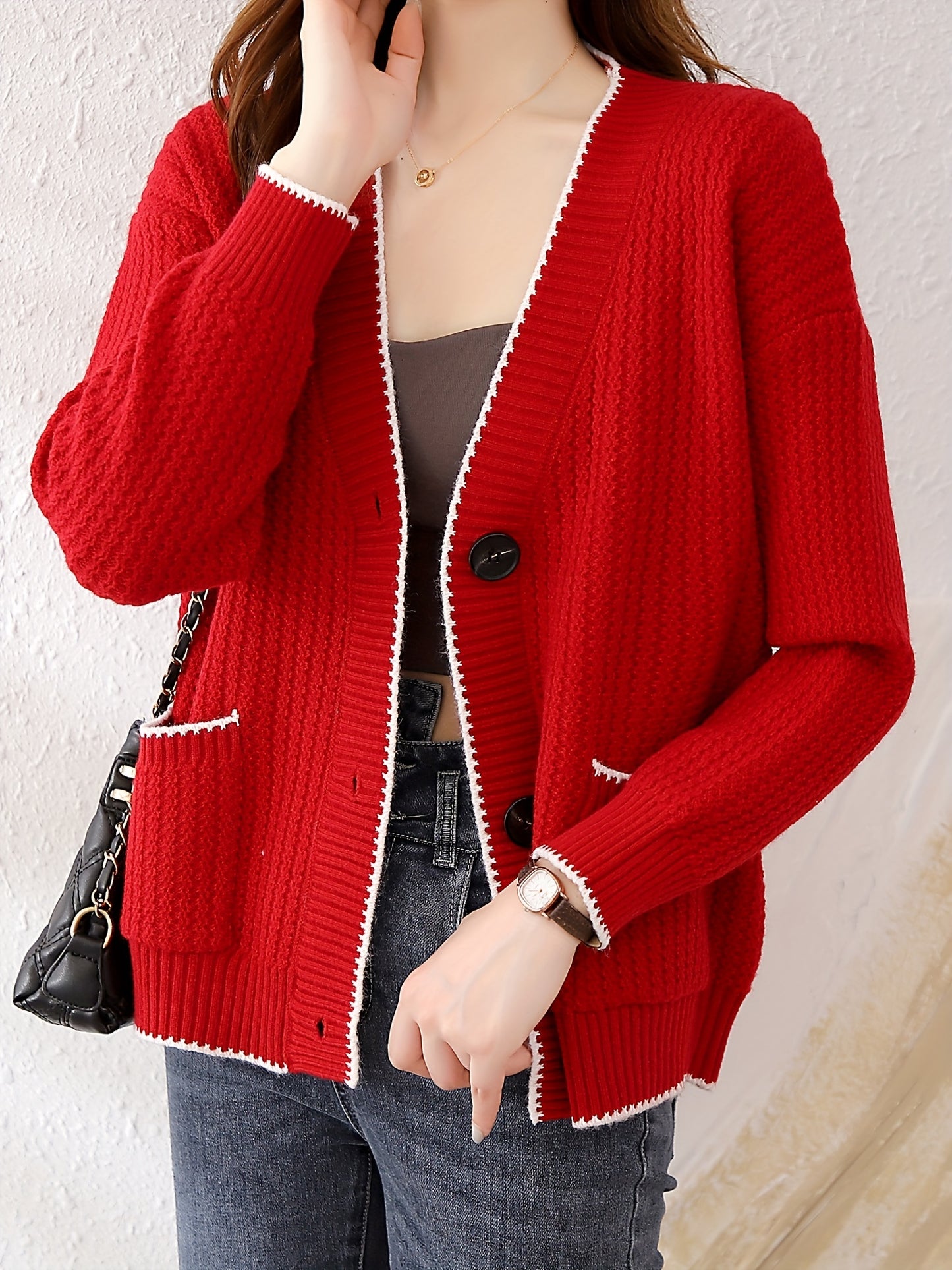 Sixsr V Neck Button Up Rib Knit Cardigan, Elegant Long Sleeve Sweater With Pocket, Women's Clothing