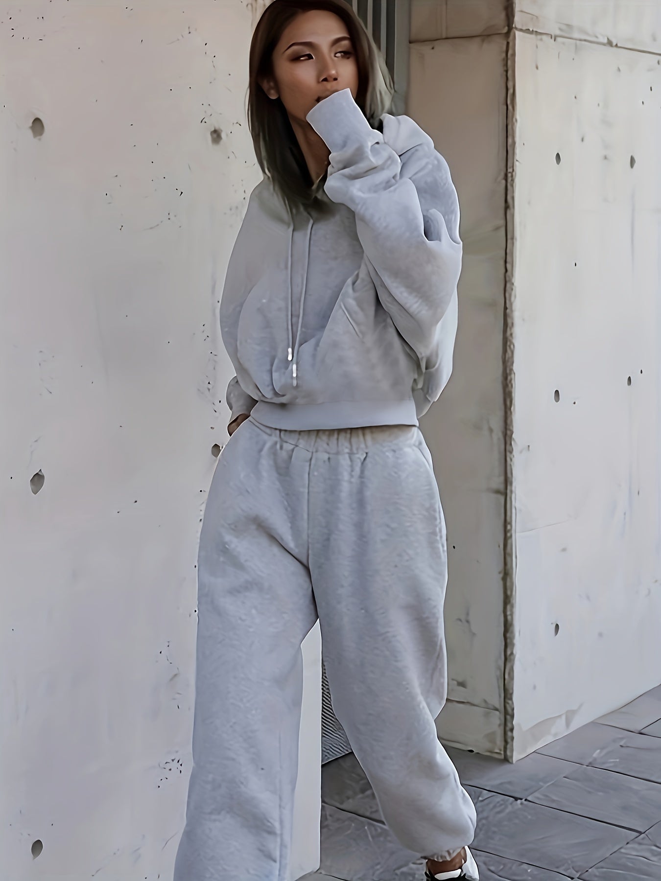 Sixsr 2pcs Athleisure Set, Oversized Solid Hooded Pocket Drawstring Sweatshirts & Sweatpants Sets, Women's Clothing