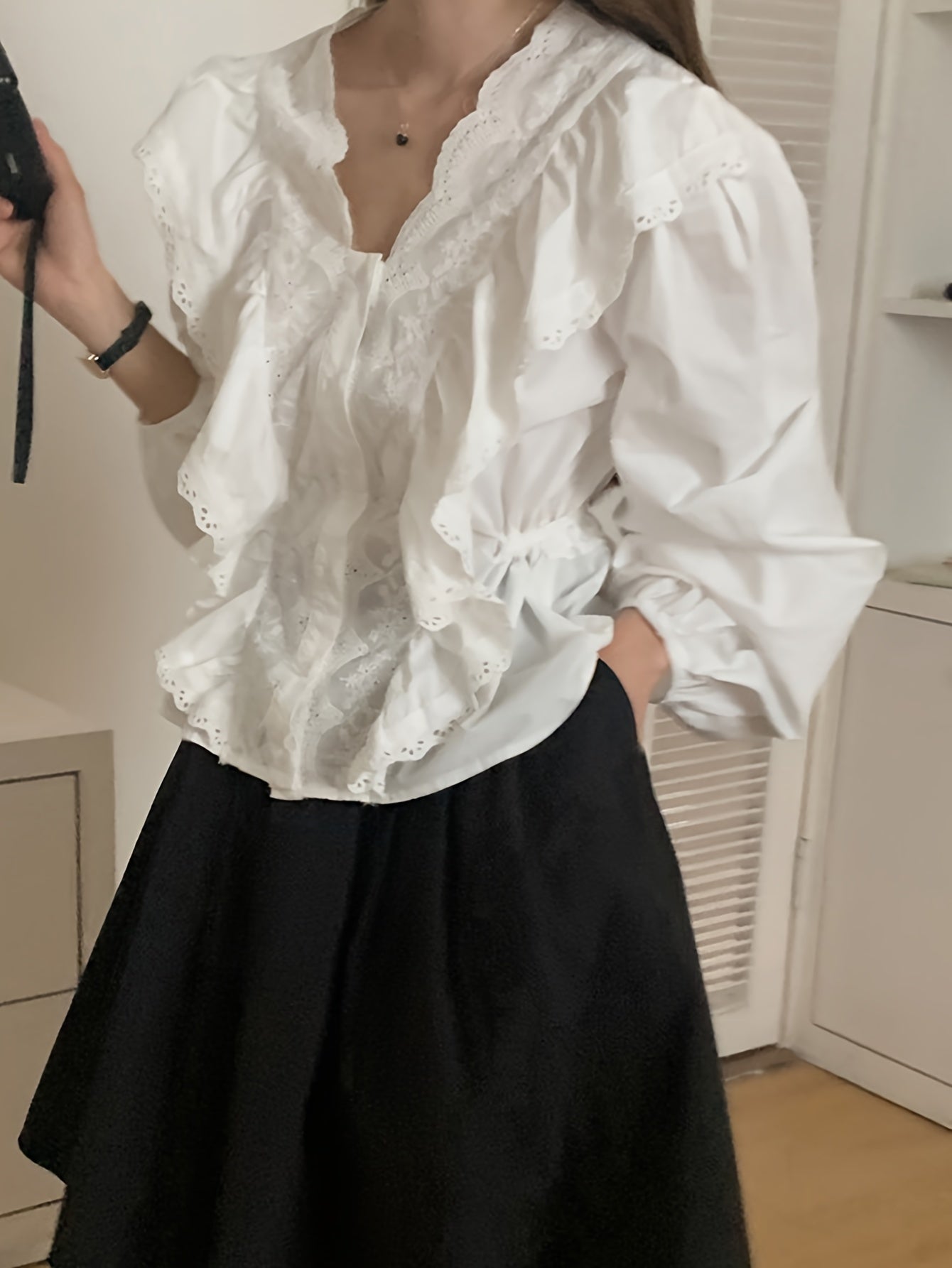 Sixsr Contrast Lace Button Front Blouse, Ruffle Trim Lantern Sleeve Blouse For Spring & Fall, Women's Clothing