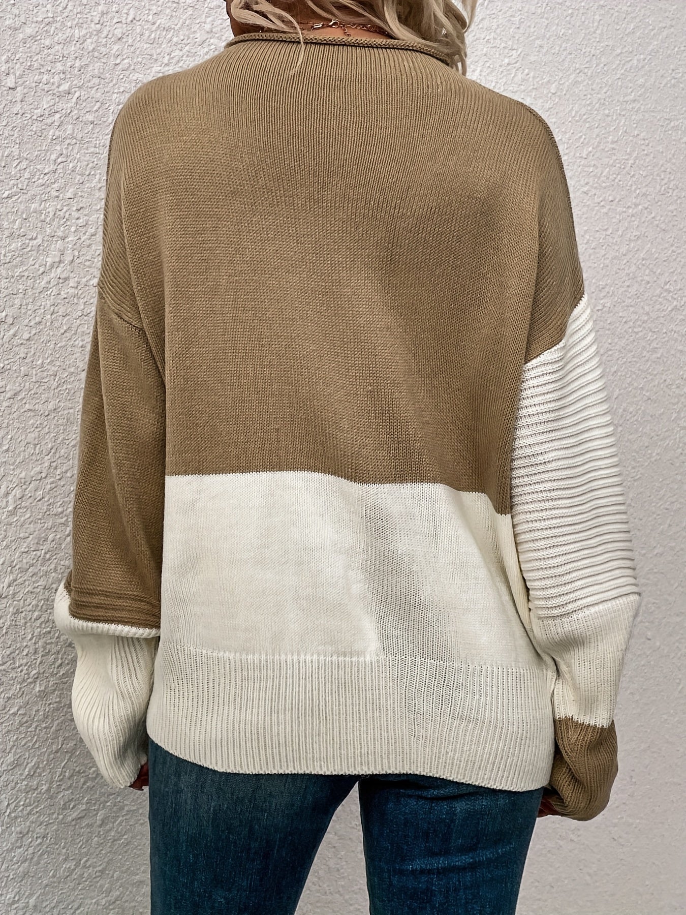 Sixsr Color Block Loose Pullover Sweater, Elegant Long Sleeve Drop Shoulder Sweater, Women's Clothing
