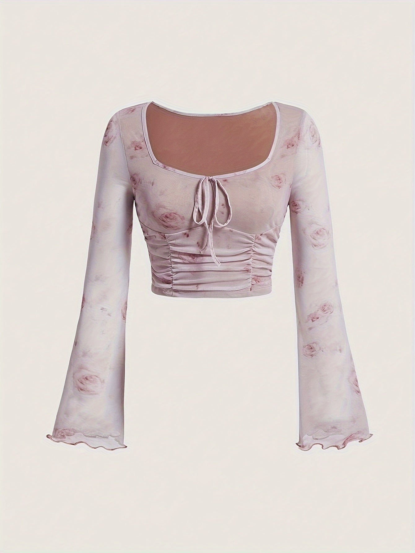 Sixsr Tie Dye Print Tie Front Ruched T-Shirt, Casual Long Flare Sleeve Top For Spring & Fall, Women's Clothing