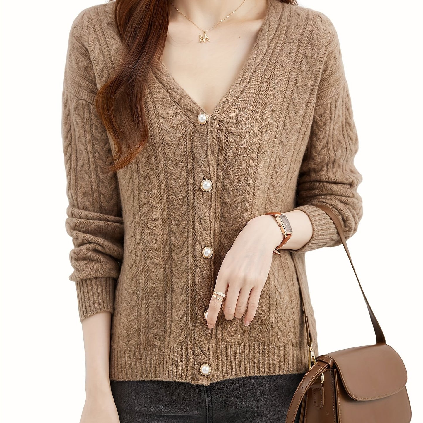 Sixsr Solid Button Down Wool Cable Knit Cardigan, Elegant V Neck Long Sleeve Cozy Sweater, Women's Clothing
