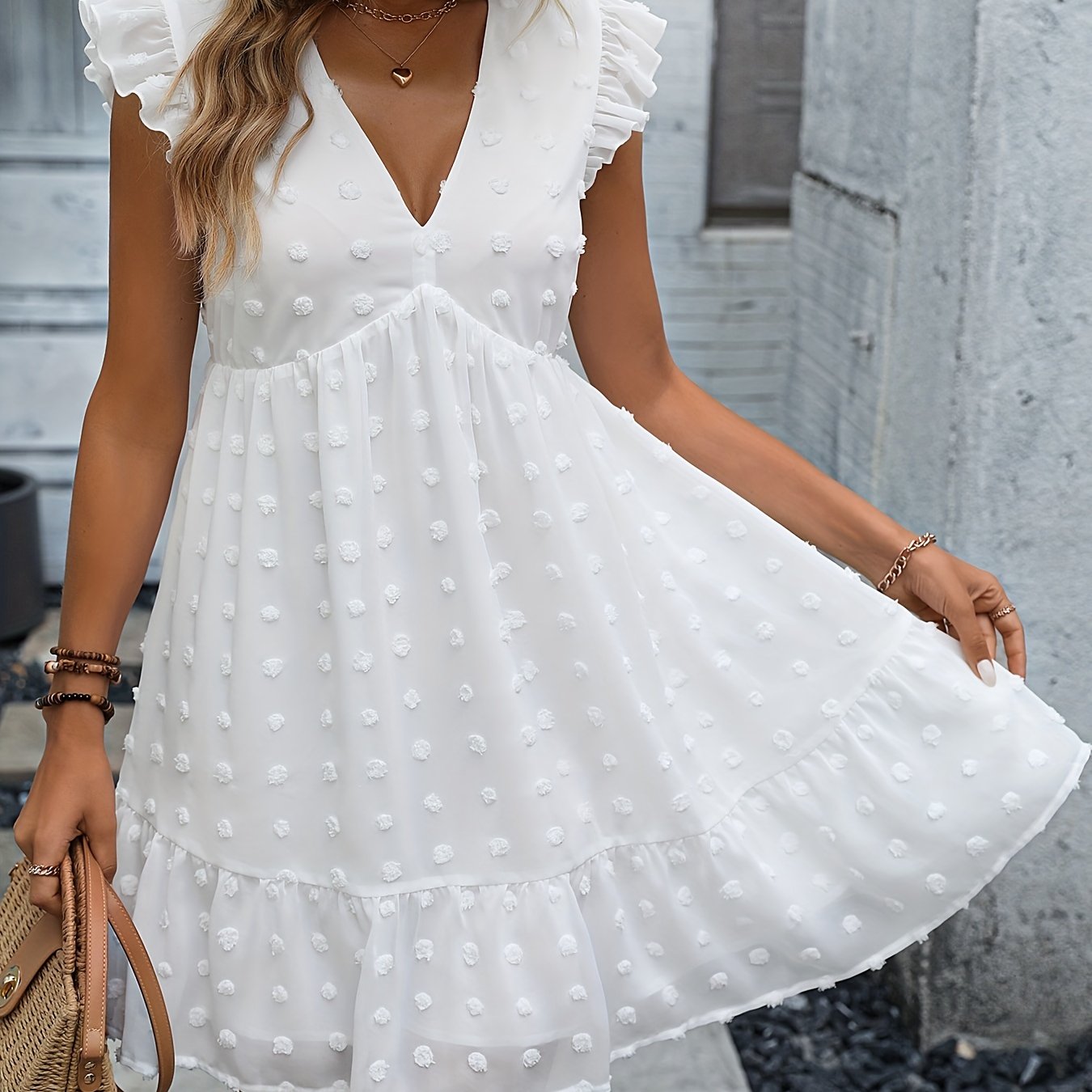 Sixsr Swiss Dot Ruffle Hem Dress, Elegant V Neck Dress For Spring & Summer, Women's Clothing