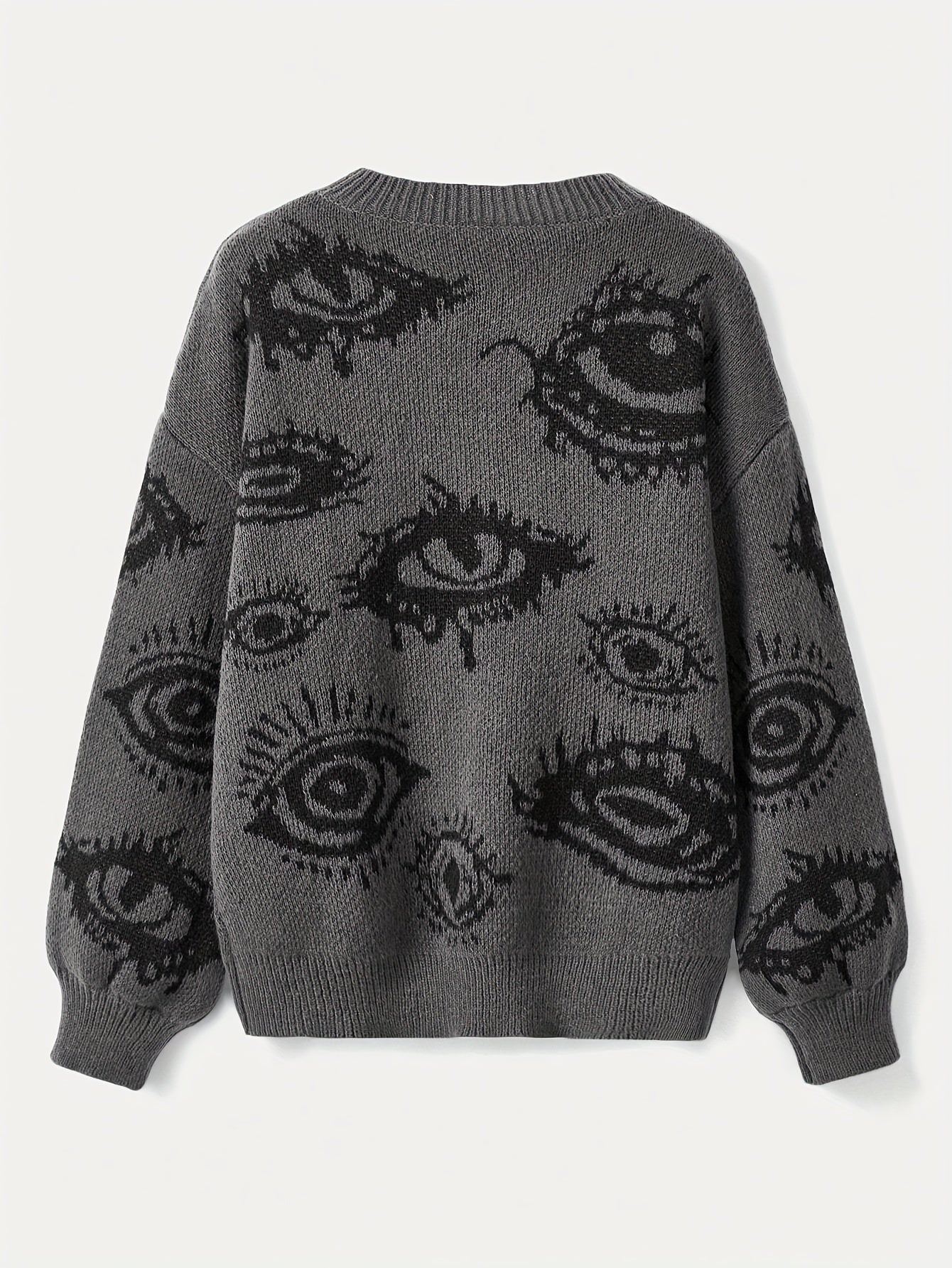 Sixsr Eye Pattern Crew Neck Sweater, Y2K Long Sleeve Pullover Sweater, Women's Clothing