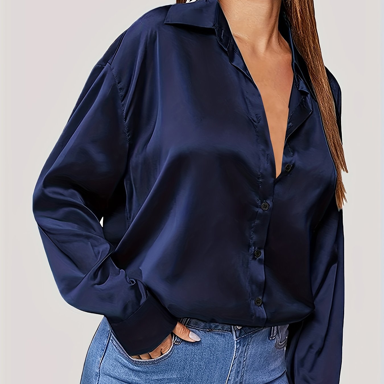 Sixsr Plus Size Casual Blouse, Women's Plus Solid Satin Button Up Long Sleeve Turn Down Collar Blouse