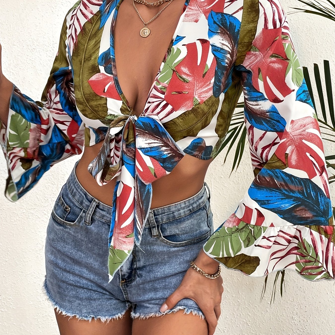 Sixsr Botanical Print Deep V Crop Top, Casual Colorblock Front Tie Ruffles Sleeve Blouse, Women's Clothing