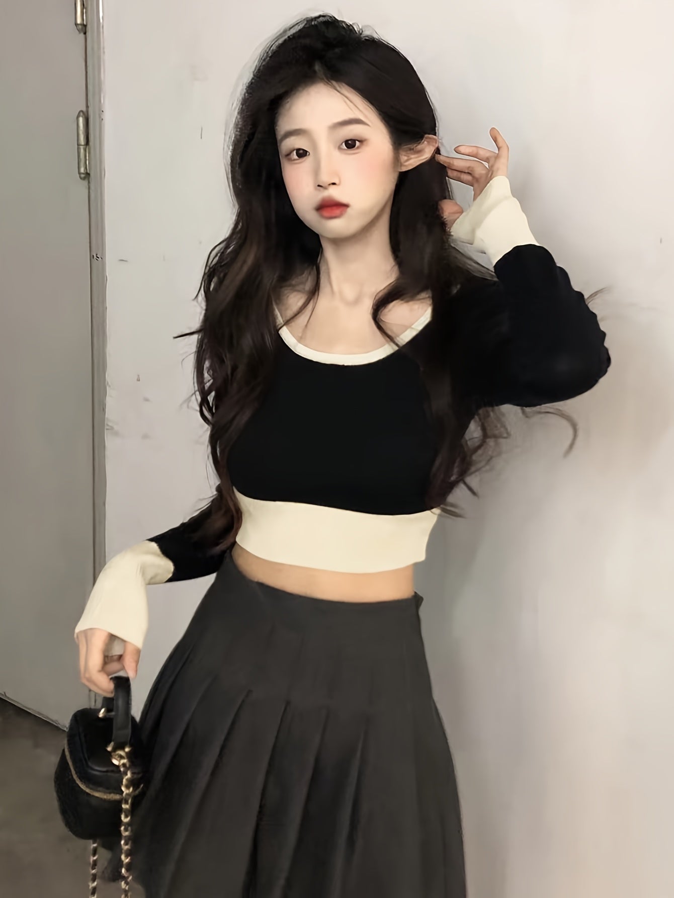 Sixsr Color Block Scoop Neck Knitted Top, Vintage Long Sleeve Crop Fashion Sweater, Women's Clothing