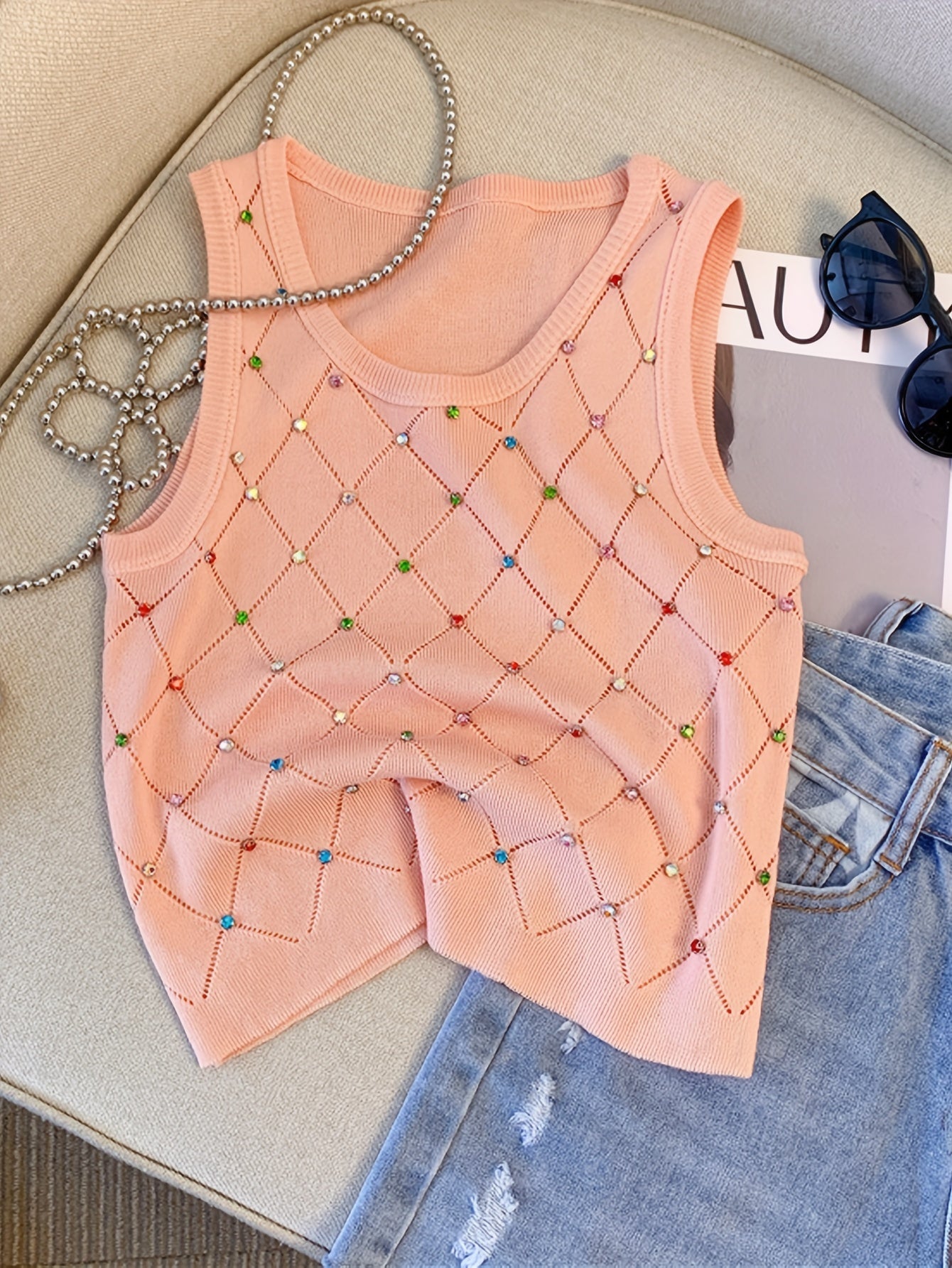 Sixsr Colorful Rhinestone Knitted Tank Top, Casual Crew Neck Sleeveless Tank Top For Summer, Women's Clothing