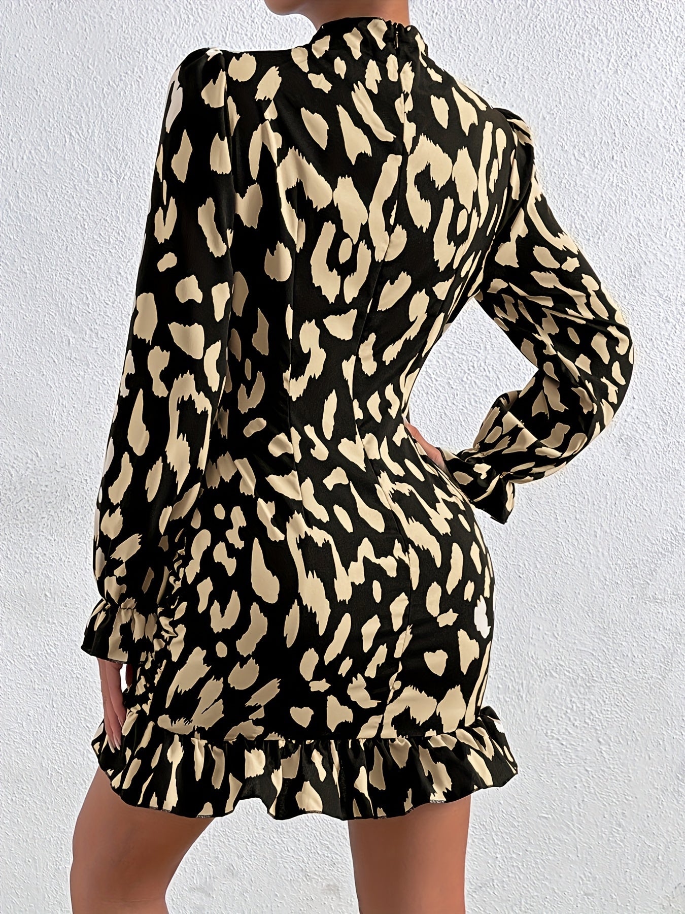 Sixsr Floral Print Ruched Ruffle Hem Dress, Street Long Sleeve Mock Neck Waist Bodycon Dresses, Women's Clothing