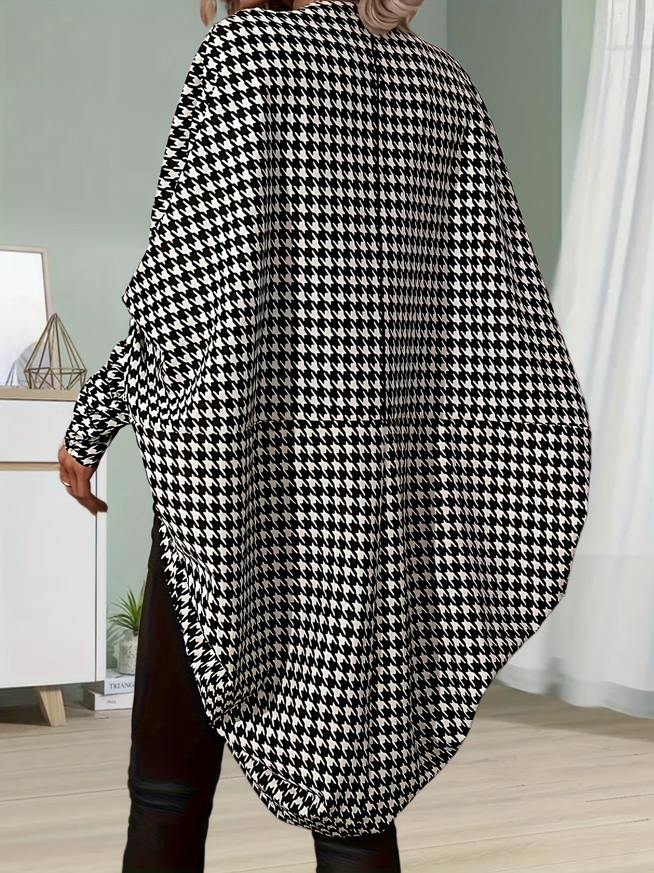Sixsr Houndstooth Print Open Front Cardigan, Batwing Sleeve Cardigan For Spring & Fall, Women's Clothing