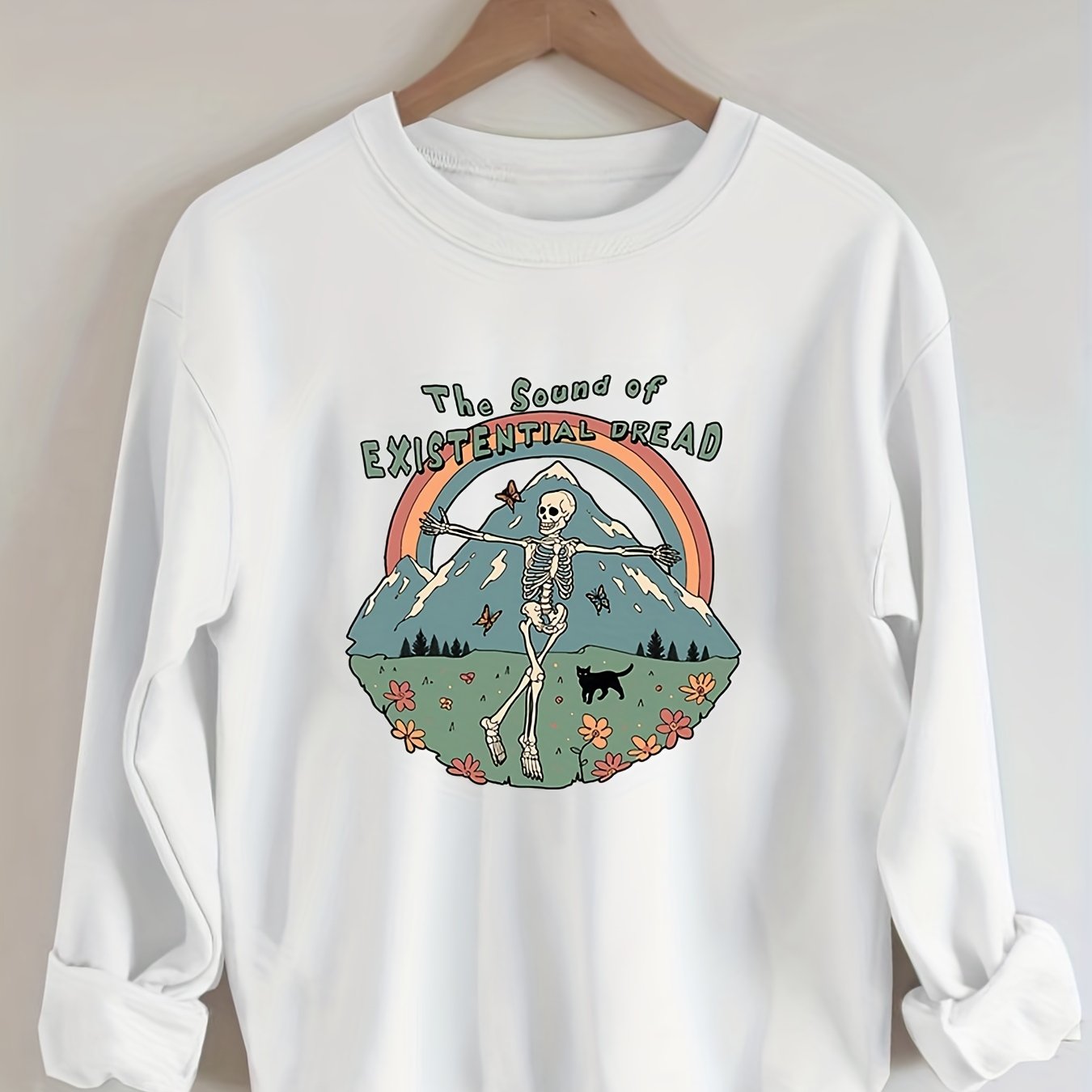 Sixsr Plus Size Halloween Sweatshirt, Women's Plus Skull & Rainbow & Letter Print Long Sleeve Round Neck Sweatshirt