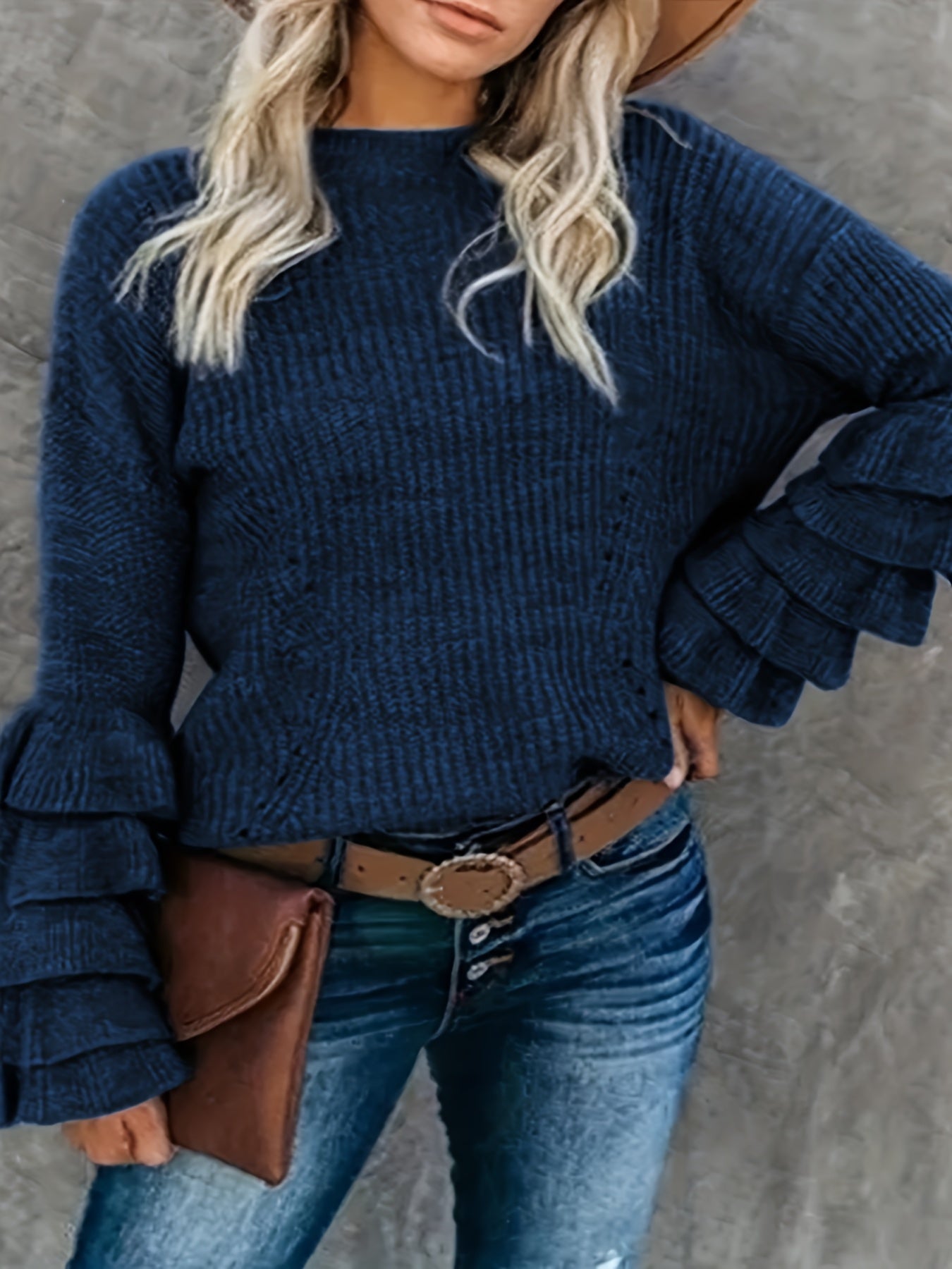 Sixsr Plus Size Elegant Sweater, Women's Plus Solid Layered Sleeve Round Neck Pullover Sweater