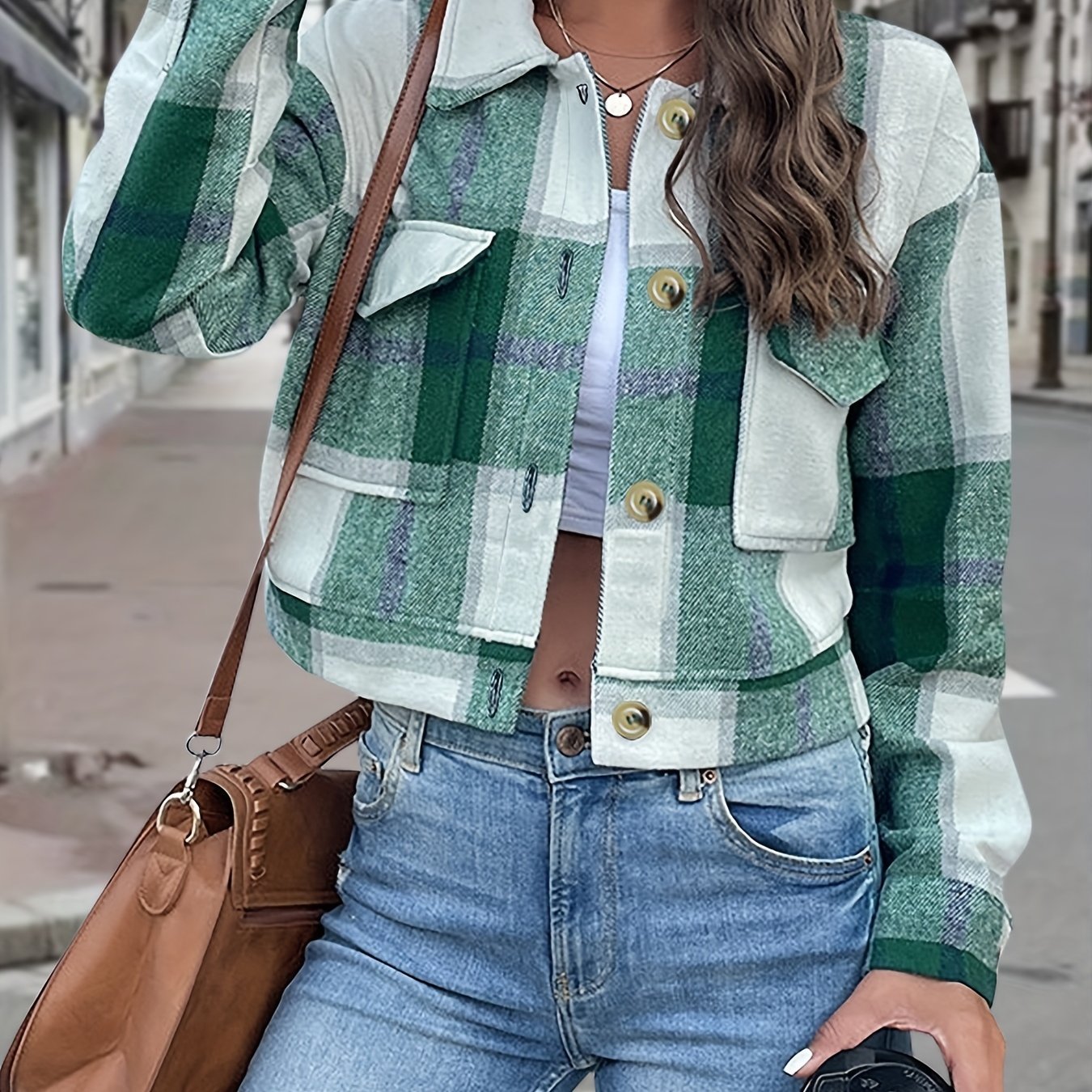 Plaid Print Button Front Jacket, Casual Long Sleeve Outerwear With Pocket, Women's Clothing