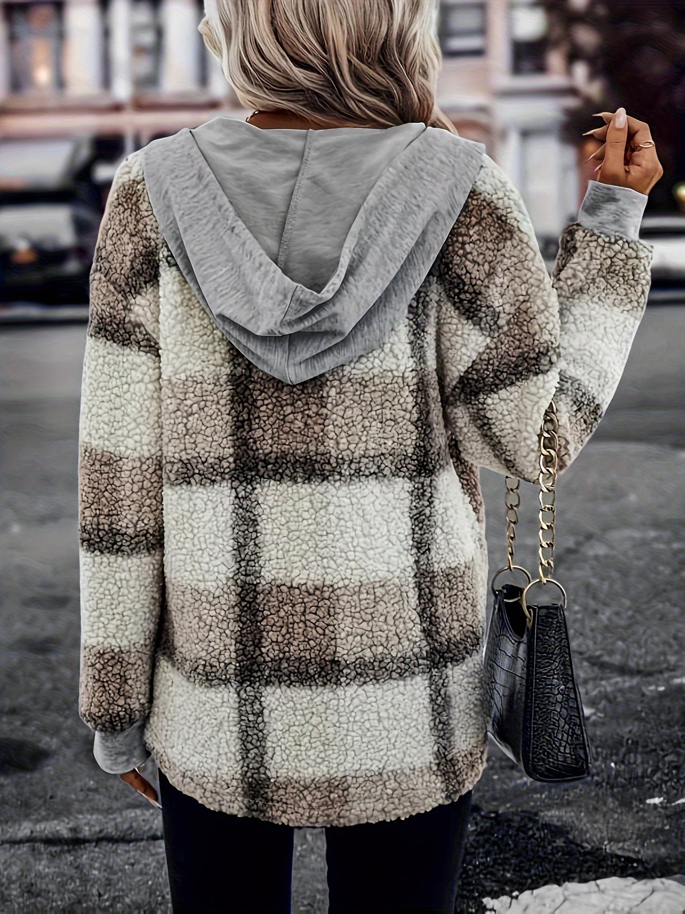 Sixsr Plaid Pattern Hooded Coat, Casual Button Front Drawstring Long Sleeve Outerwear, Women's Clothing
