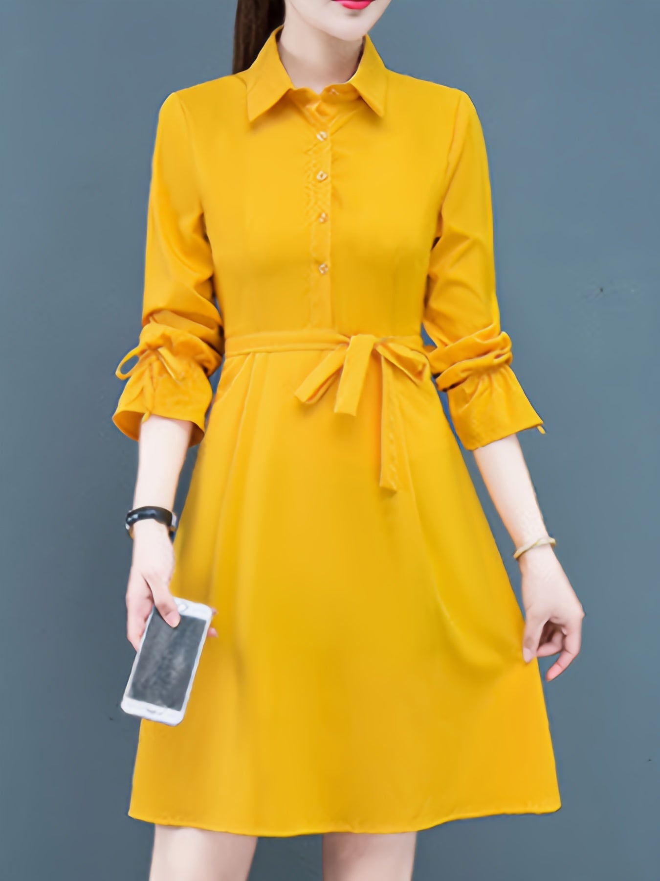 Sixsr Button Front Long Sleeve Shirt Dress, Casual Tie-waist Lapel Neck Dress, Women's Clothing