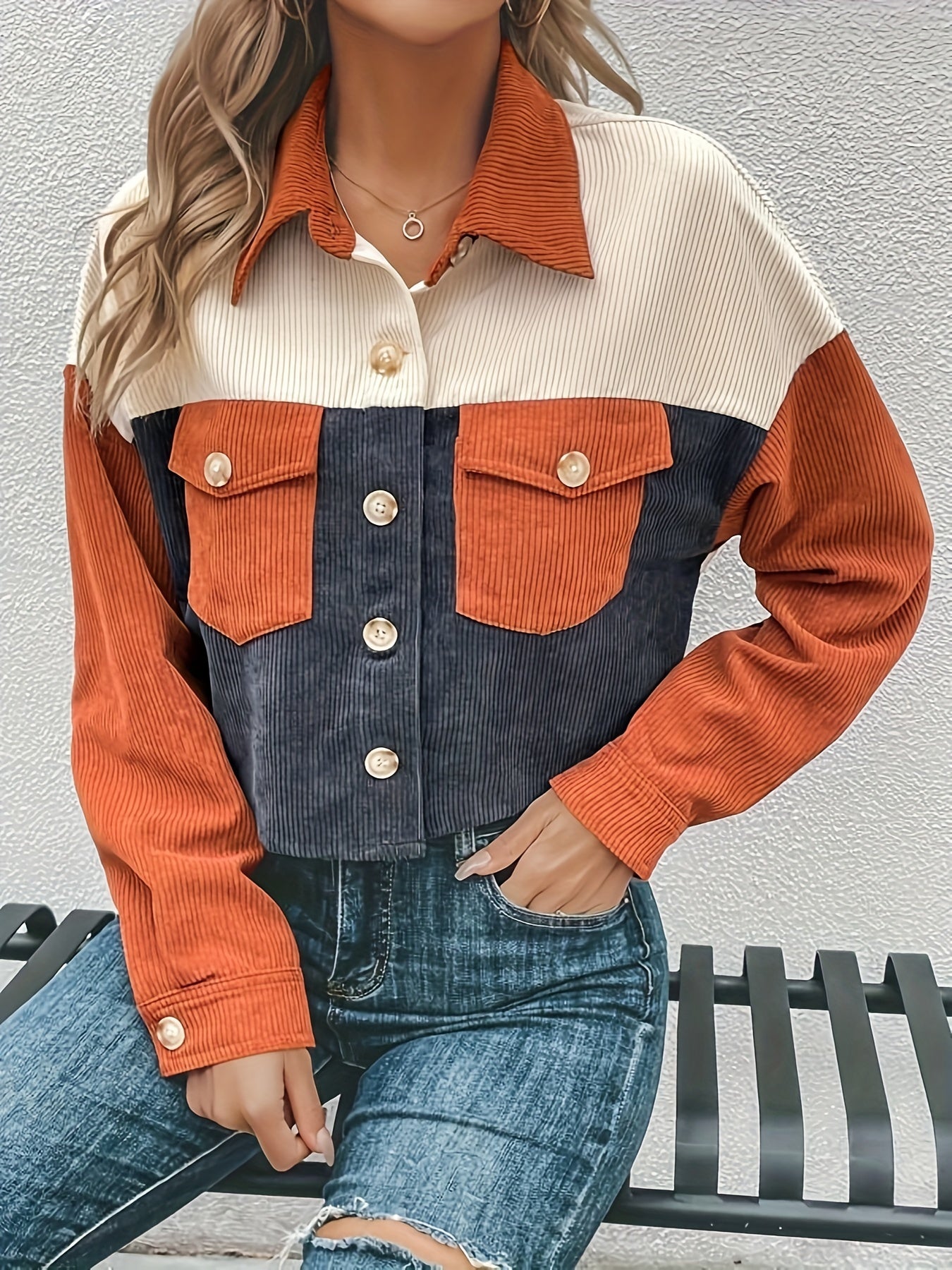 Sixsr Corduroy Color Block Button Front Jacket, Casual Long Sleeve Drop Shoulder Lapel Outwear For Spring & Fall, Women's Clothing