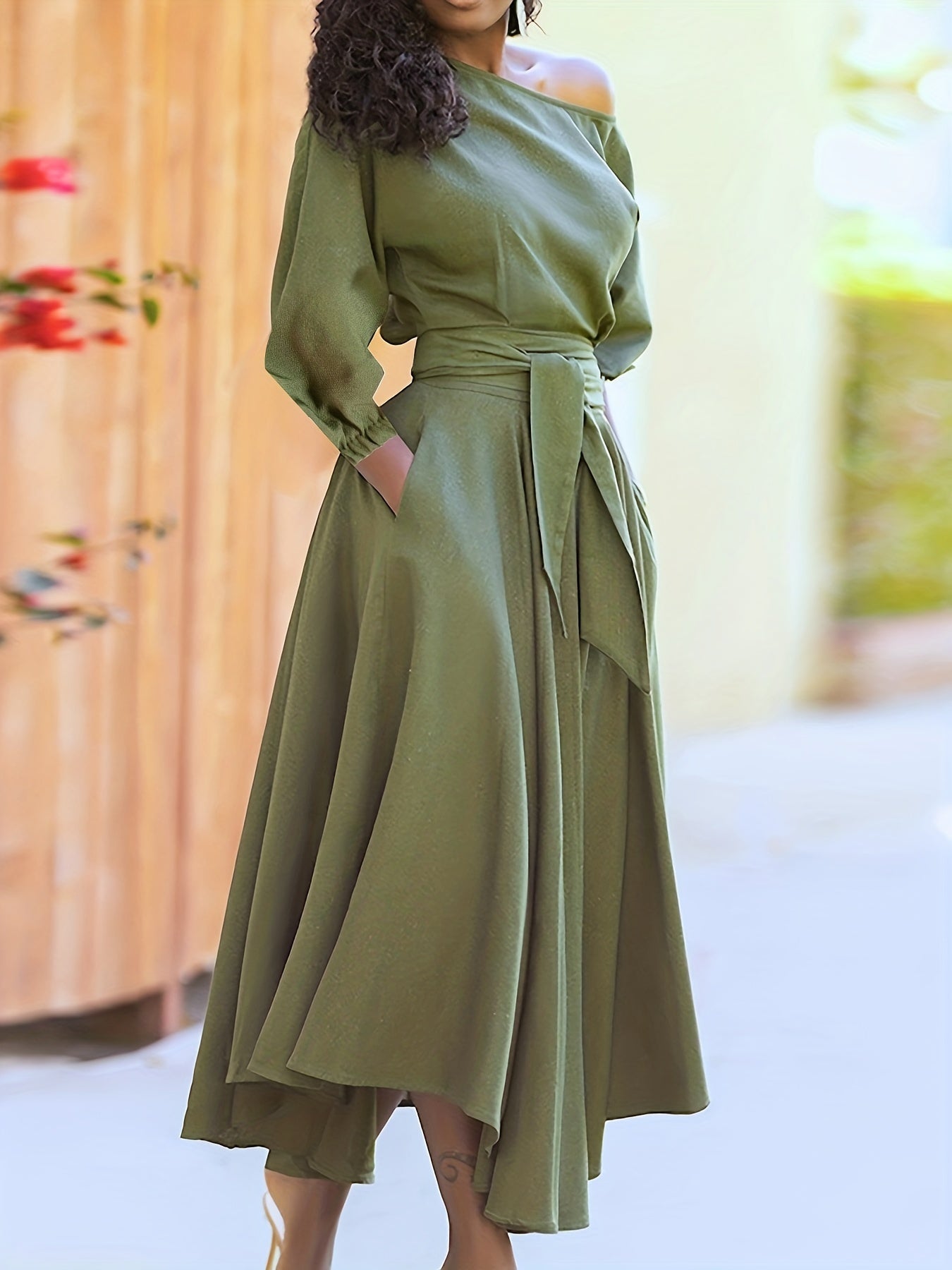Sixsr Slant Shoulder Neck Tie Waist Dress, Elegant Dual Pockets Short Sleeve Dress, Women's Clothing