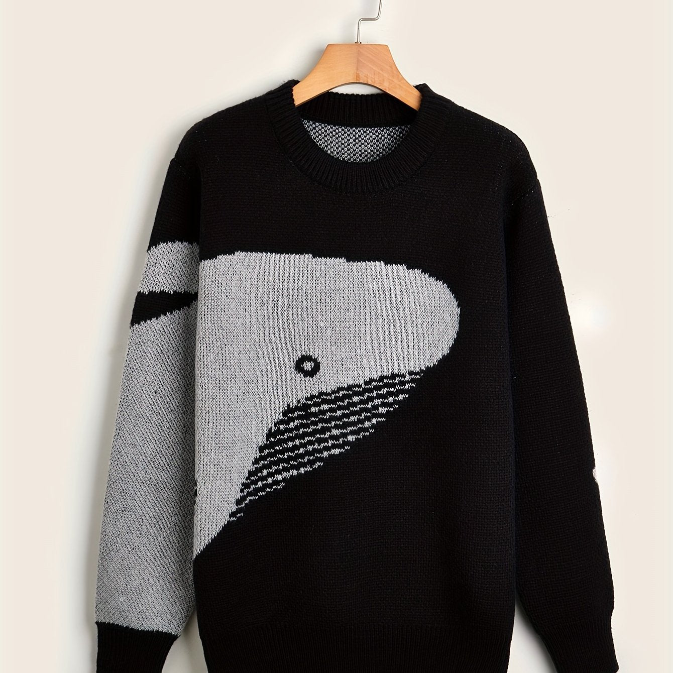 Sixsr Cartoon Whale Print, Loose Fit Warm Sweater, Men's Casual Retro Style Slightly Stretch Crew Neck Pullover Sweater For Fall Winter