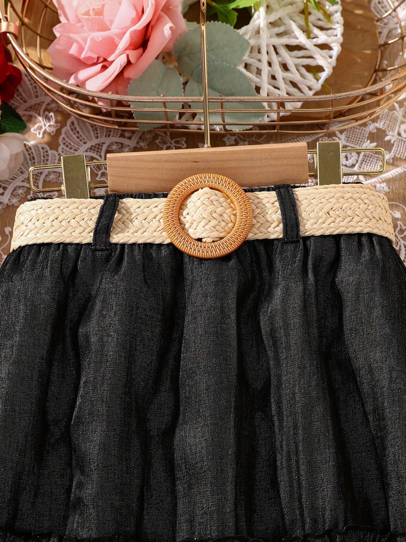 Girls' Skirts High Waist Belted Smocked Hem A-line Long Skirt For Party Going Out