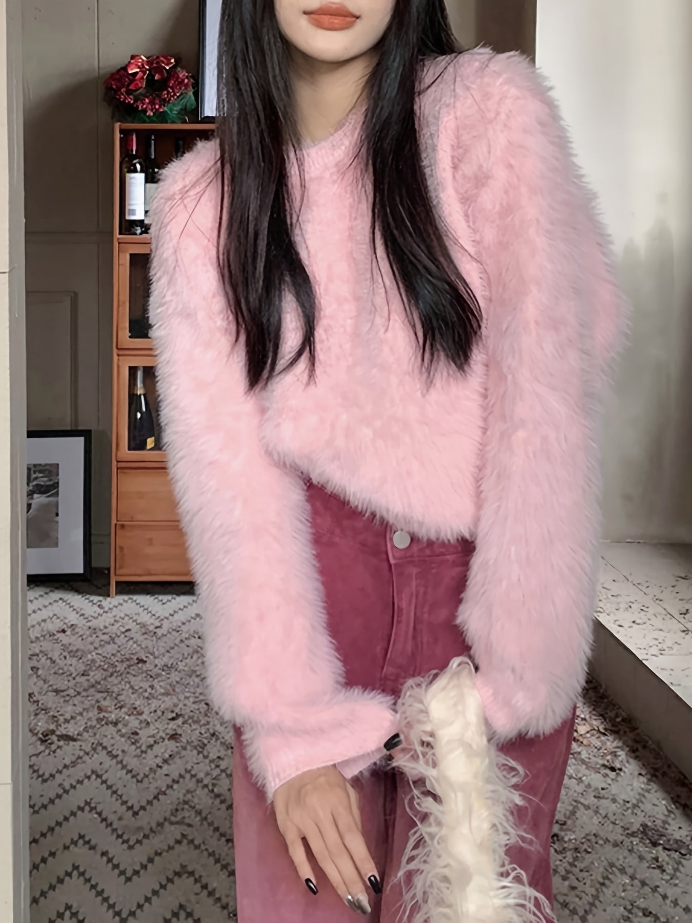 Sixsr Solid Color Faux Fur Crew Neck Sweater, Chic Long Sleeve Sweater For Fall & Winter, Women's Clothing