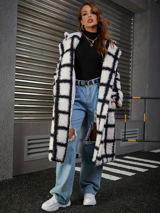 Sixsr Plaid Print Double-breasted Plush Coat, Casual Thermal Long Sleeve Lapel Midi Length Coat For Fall & Winter, Women's Clothing