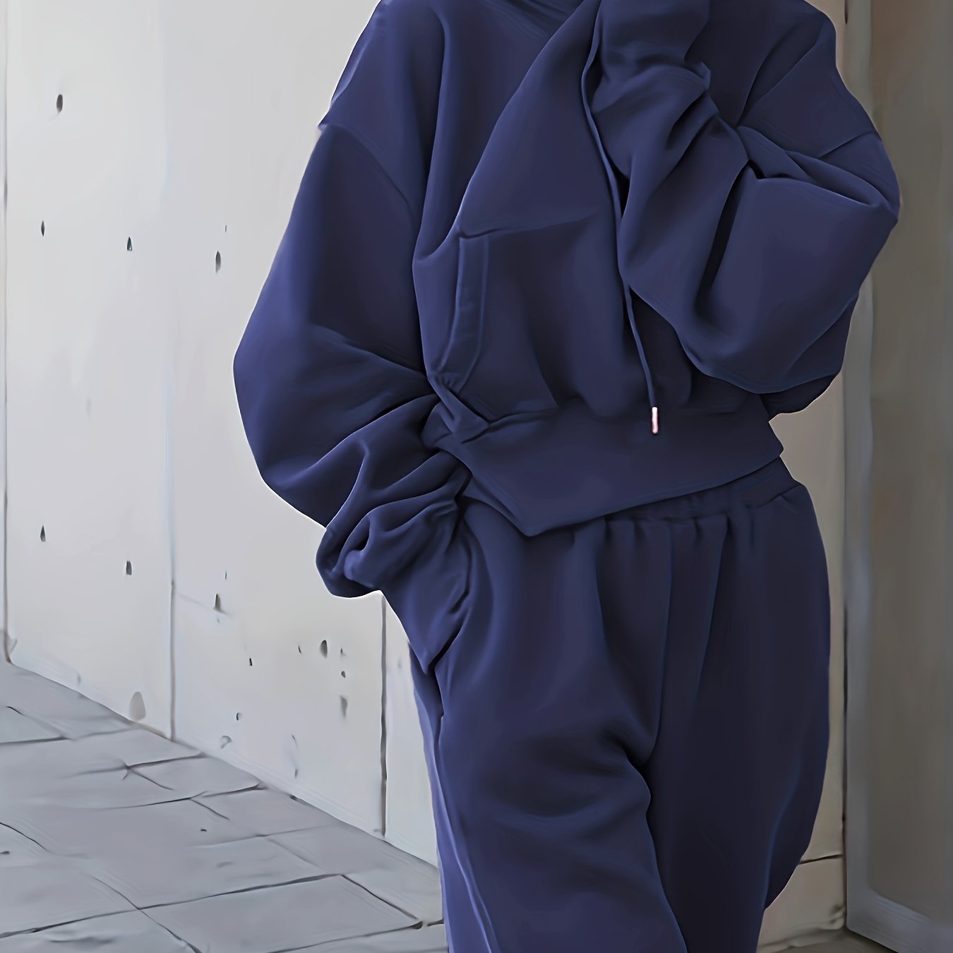 Sixsr 2pcs Athleisure Set, Oversized Solid Hooded Pocket Drawstring Sweatshirts & Sweatpants Sets, Women's Clothing