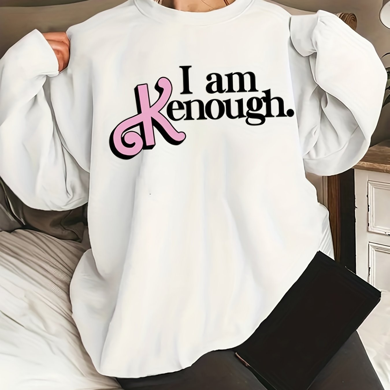 Sixsr Plus Size Halloween Casual Sweatshirt, Women's Plus Slogan Print Long Sleeve Round Neck Sweatshirt