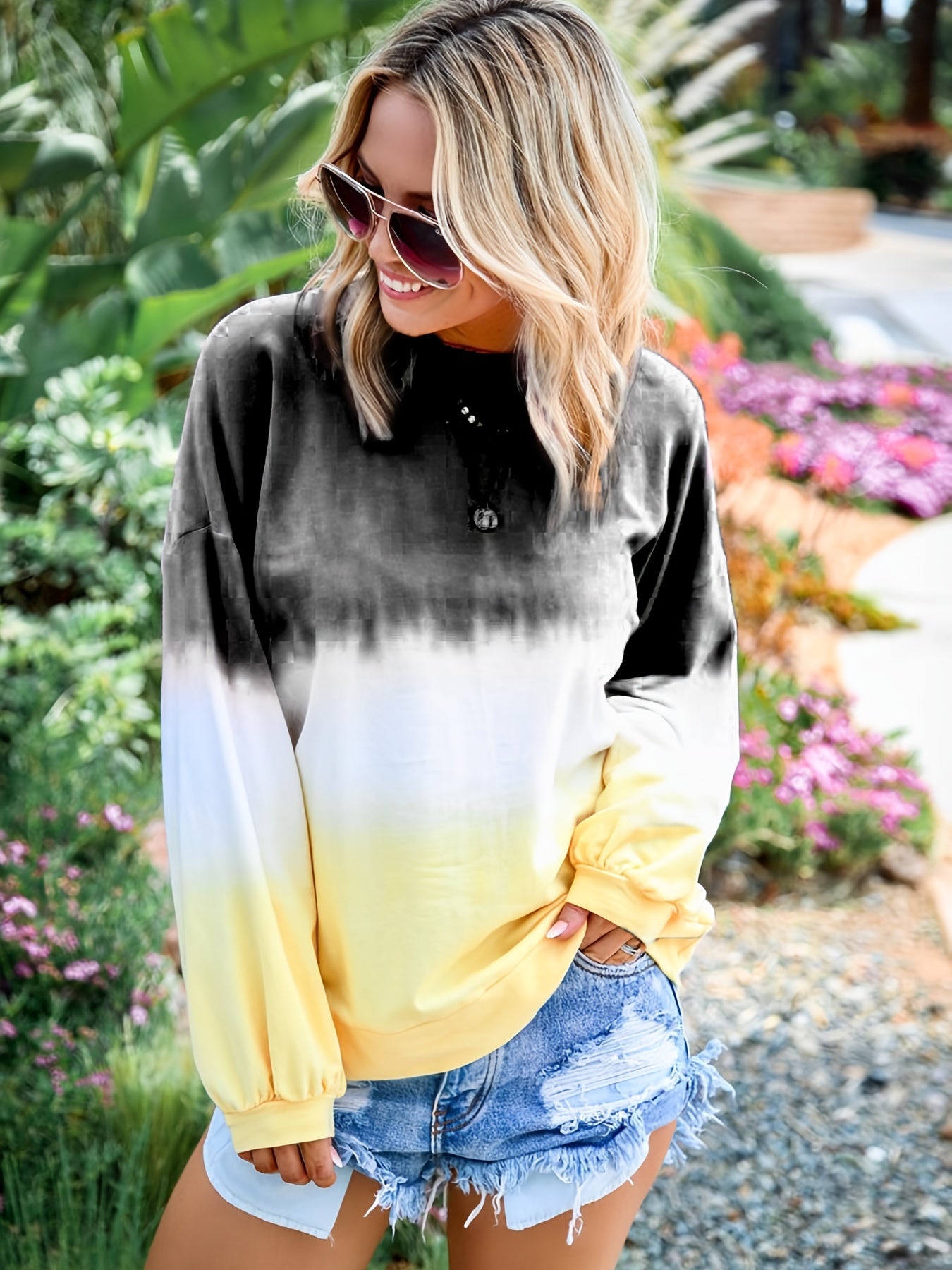 Sixsr Striped Tie Dye Pullover Sweatshirt, Casual Crew Neck Long Sleeve Sweaters, Women's Clothing
