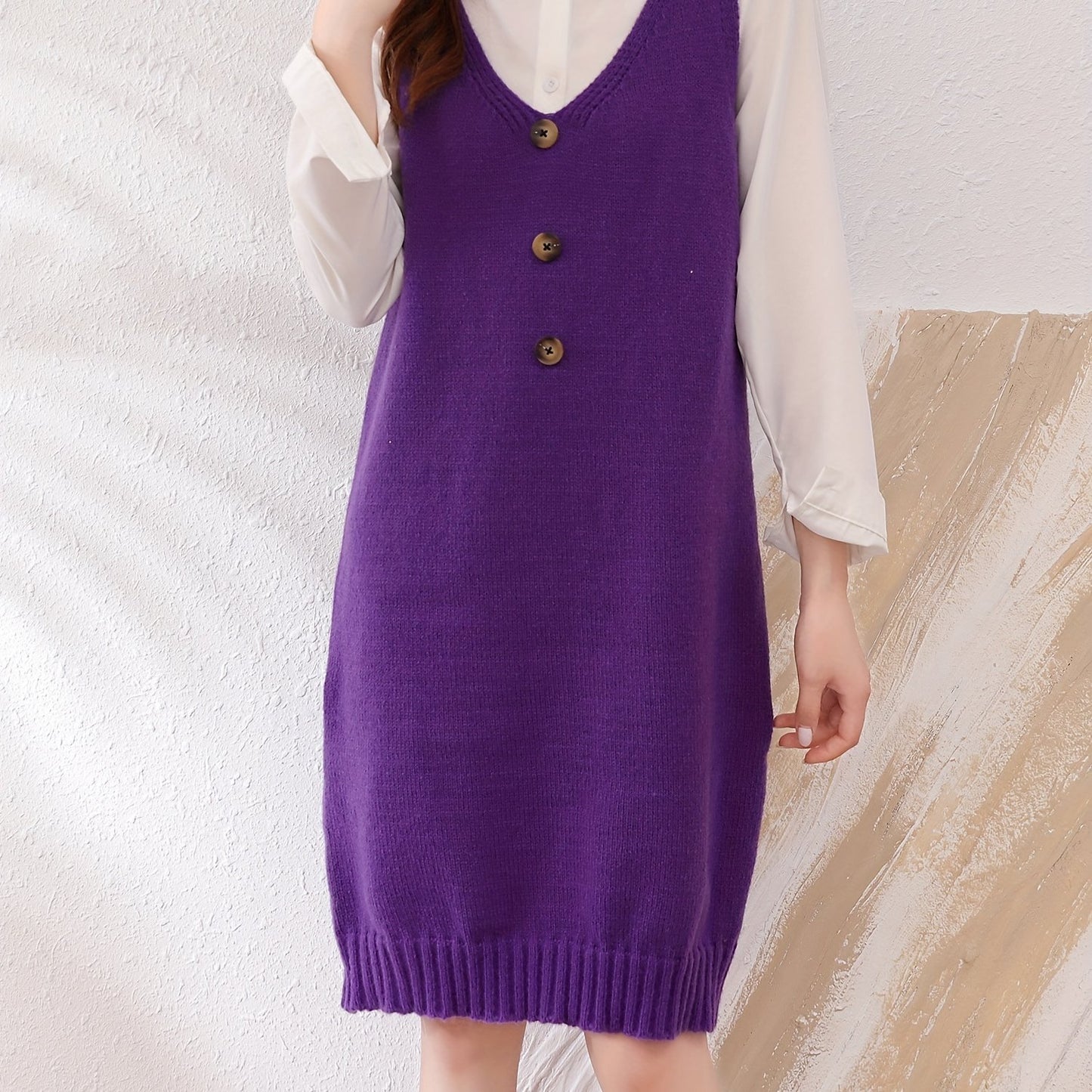 Sixsr Plunging Solid Midi Dress, Elegant Sleeveless Knitted Dress With Buttons, Women's Clothing