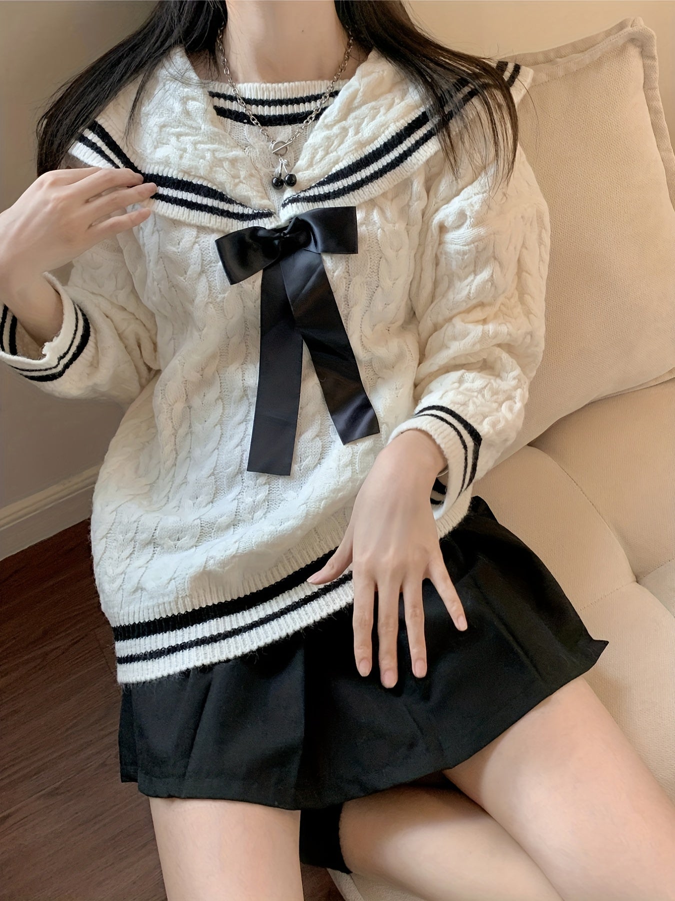 Sixsr Bow Tie Knit Sweater, Casual Sailor Collar Long Sleeve Sweater For Fall & Winter, Women's Clothing