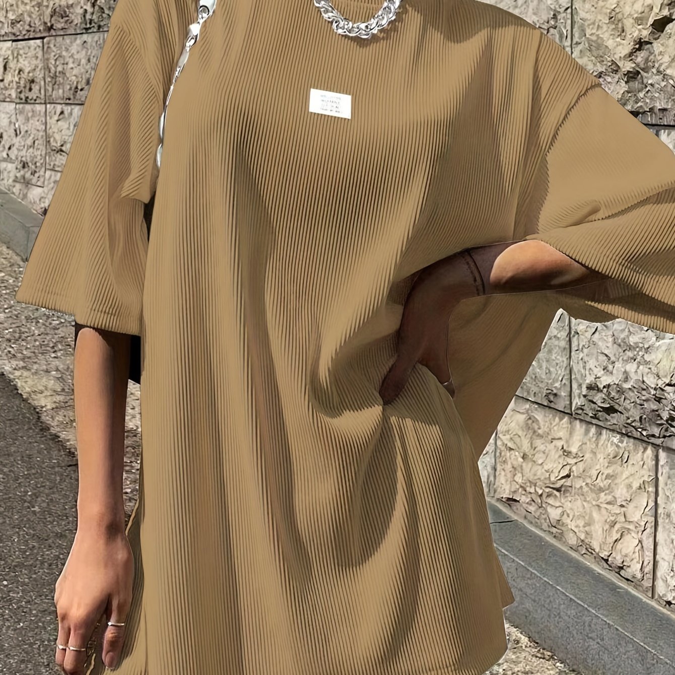 Sixsr Oversized Drop Shoulder Ribbed T-Shirt, Casual Crew Neck Short Sleeve T-Shirt For Spring & Summer, Women's Clothing