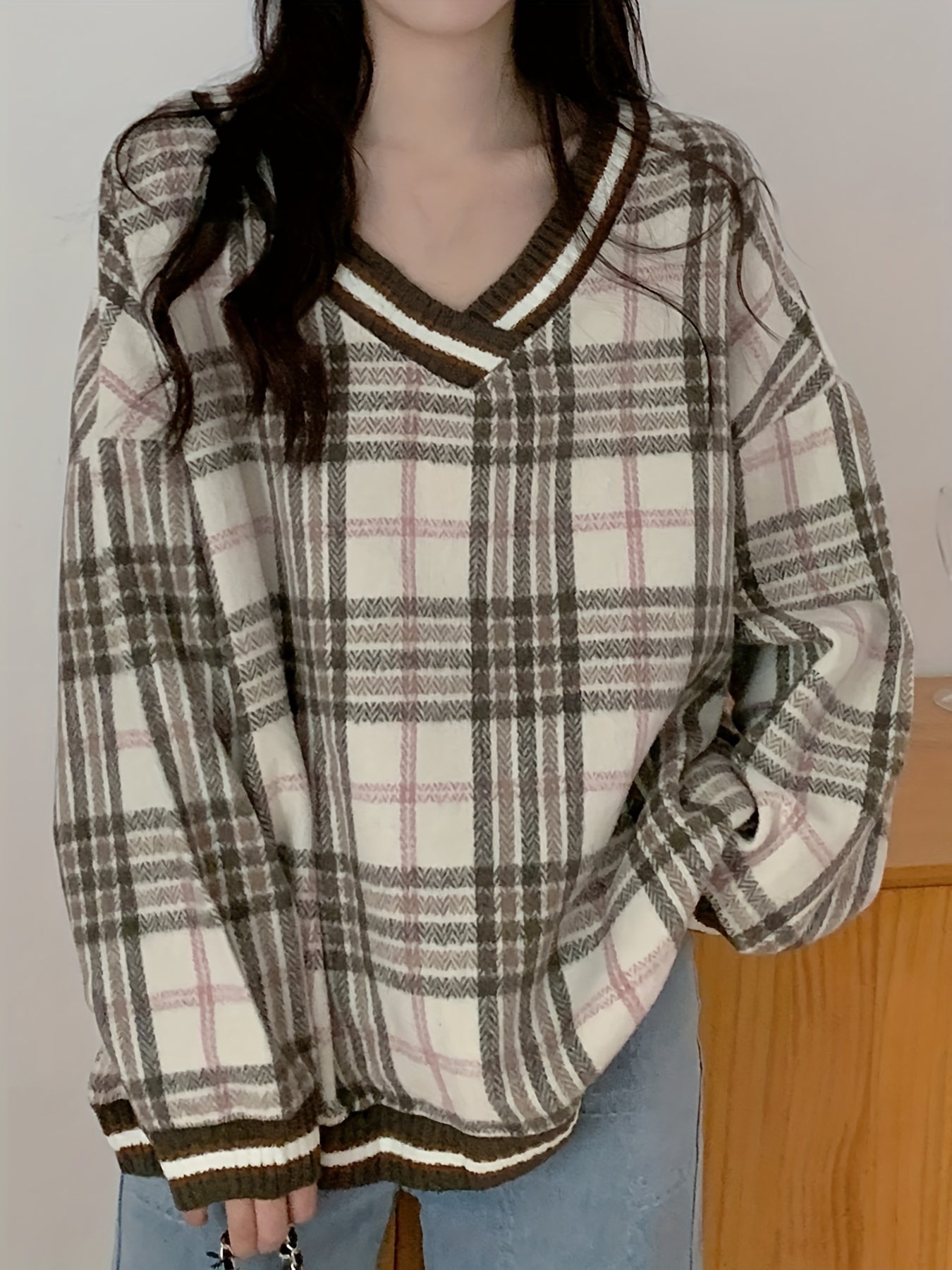 Sixsr Plaid V Neck Pullover Sweater, Casual Long Sleeve Loose Sweater For Fall & Winter, Women's Clothing